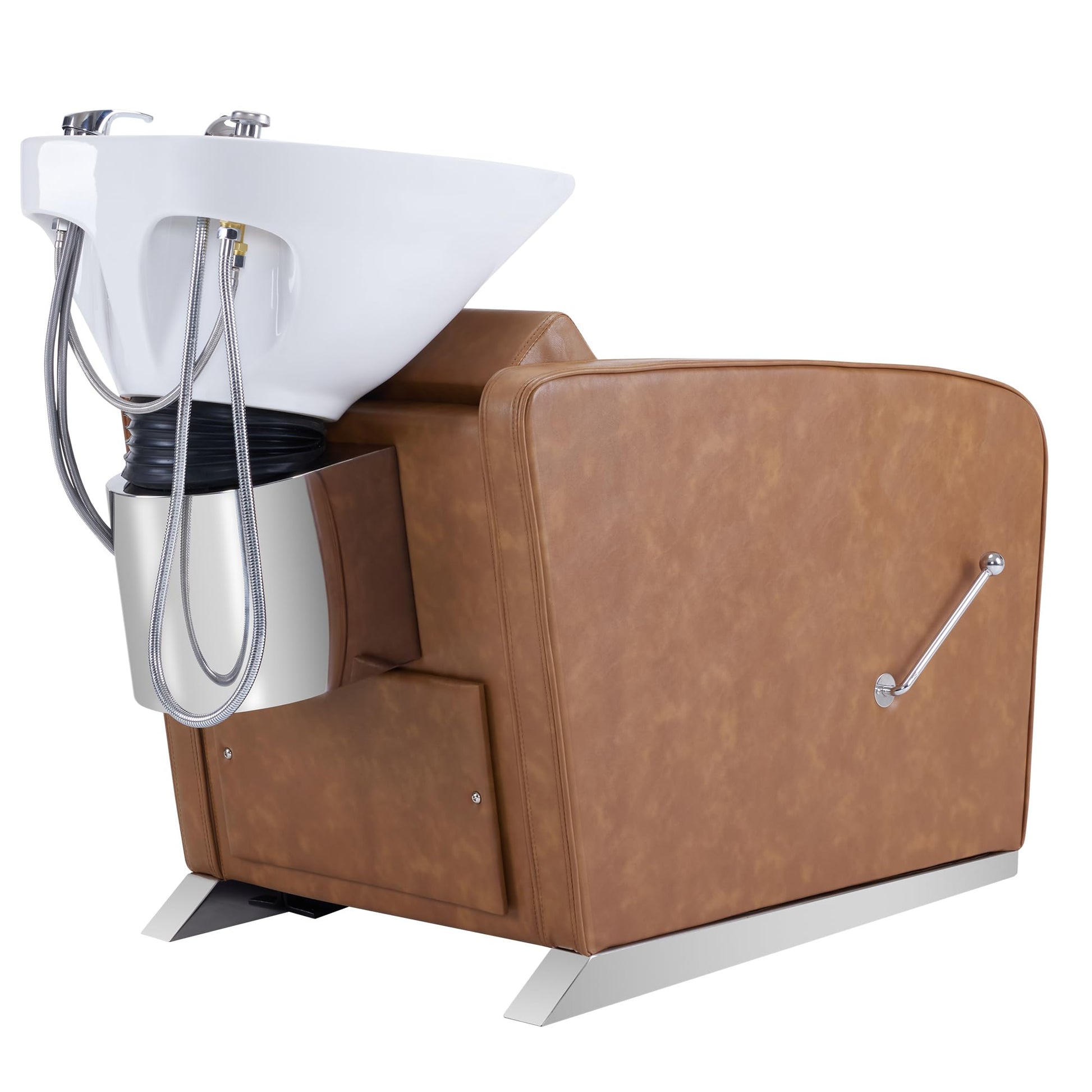 White Smoke BarberPub Backwash Shampoo Station Chair, Adjustable Porcelain Ceramic Hair Wash Bowl Sink Unit Station, Reclining Shampoo Station Chair for Spa Beauty Salon Hair Salon Equipment 9303 (Brown)