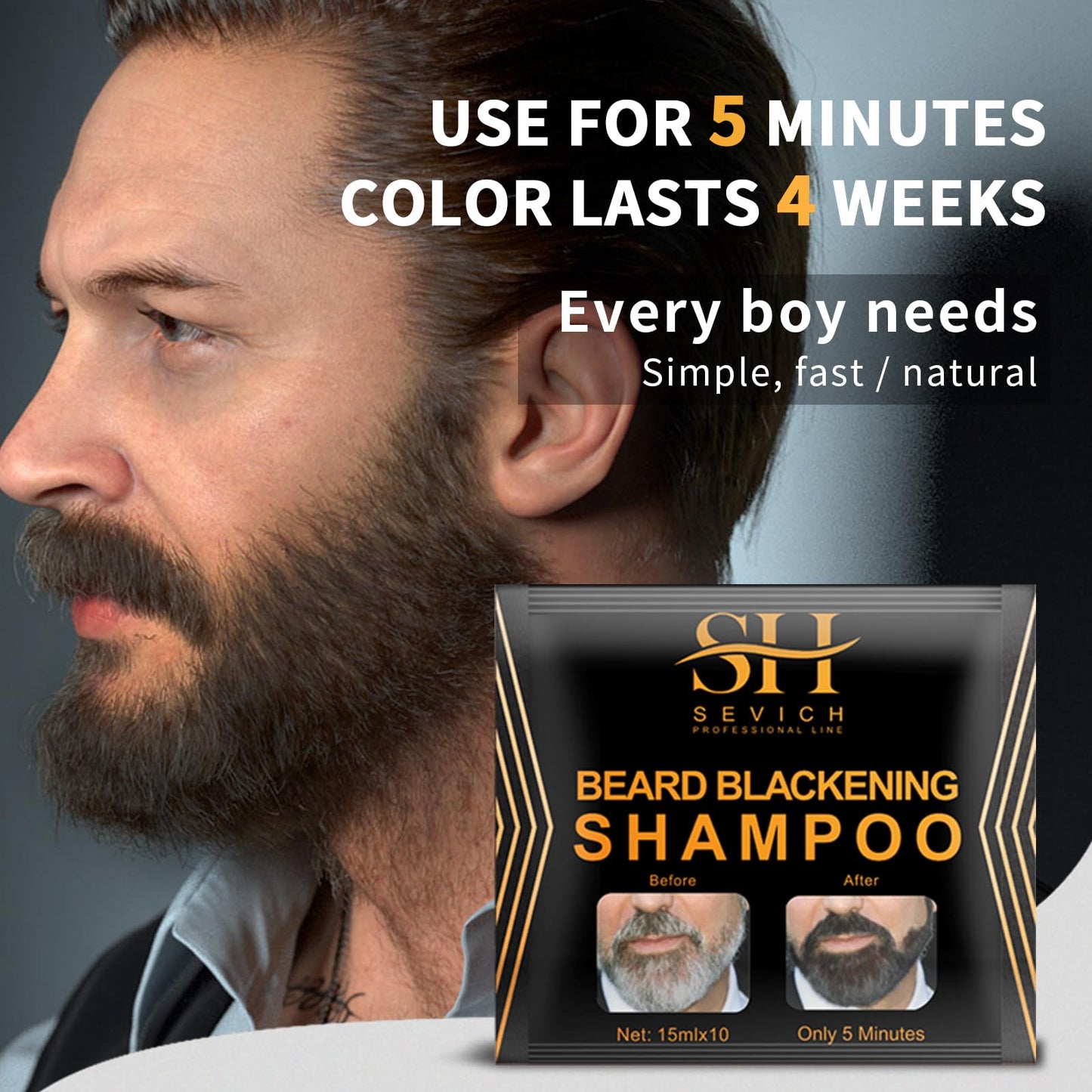 Black SEVICH Beard Blackening Shampoo for Men - Instant Natural Black Color, Anti-Hair Loss Formula, 10x15ml Travel-Friendly Packets | Safe & Gentle Beard Dye with Nourishing Care