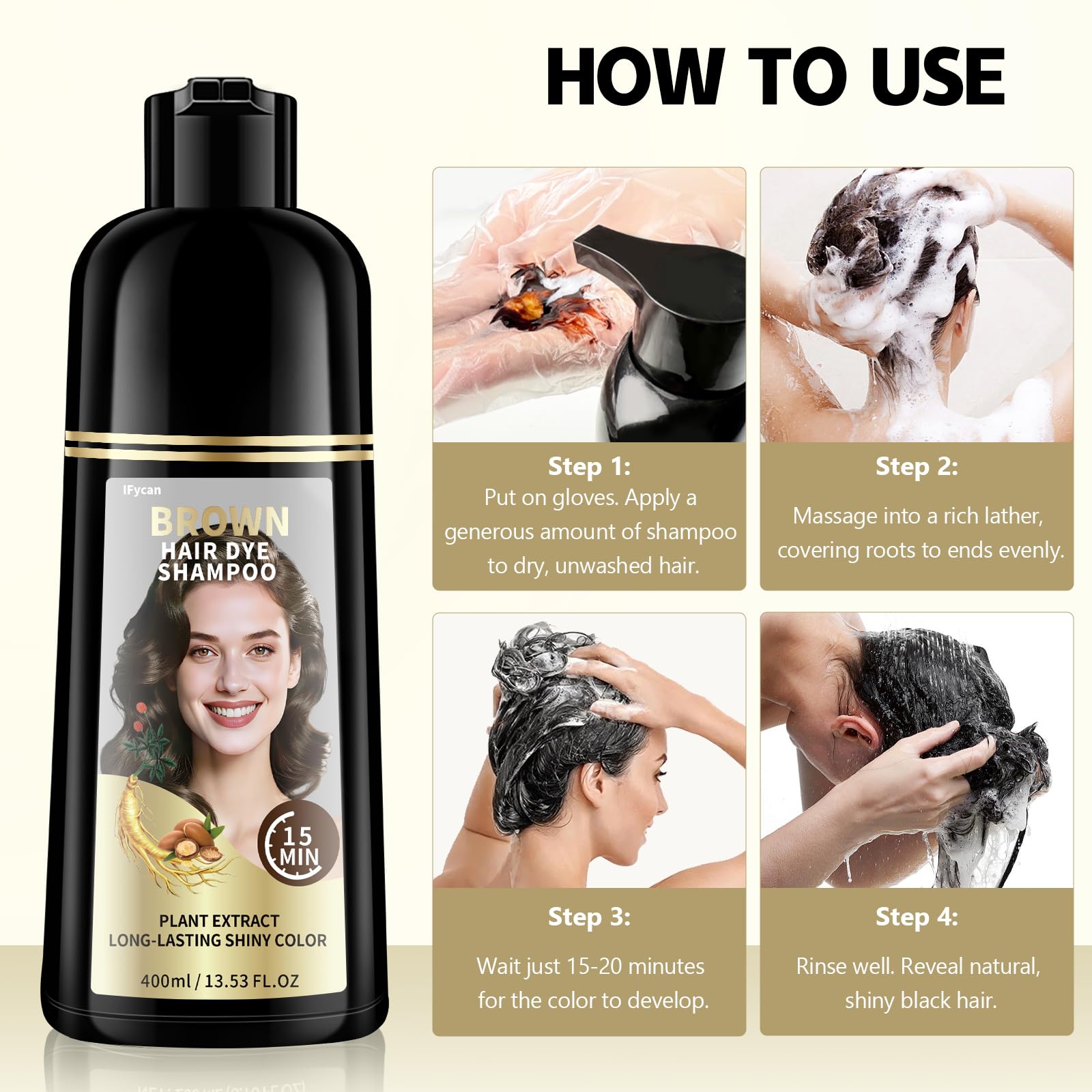 White Smoke ifycan Brown Hair Dye Shampoo – 100% Gray Coverage in 15–20 Mins, 3 in 1 Hair Color Shampoo with 6 Herbal Extracts (Ginseng + Argan Oil), Ammonia & Paraben Free, Semi-Permanent Color for Women & Men