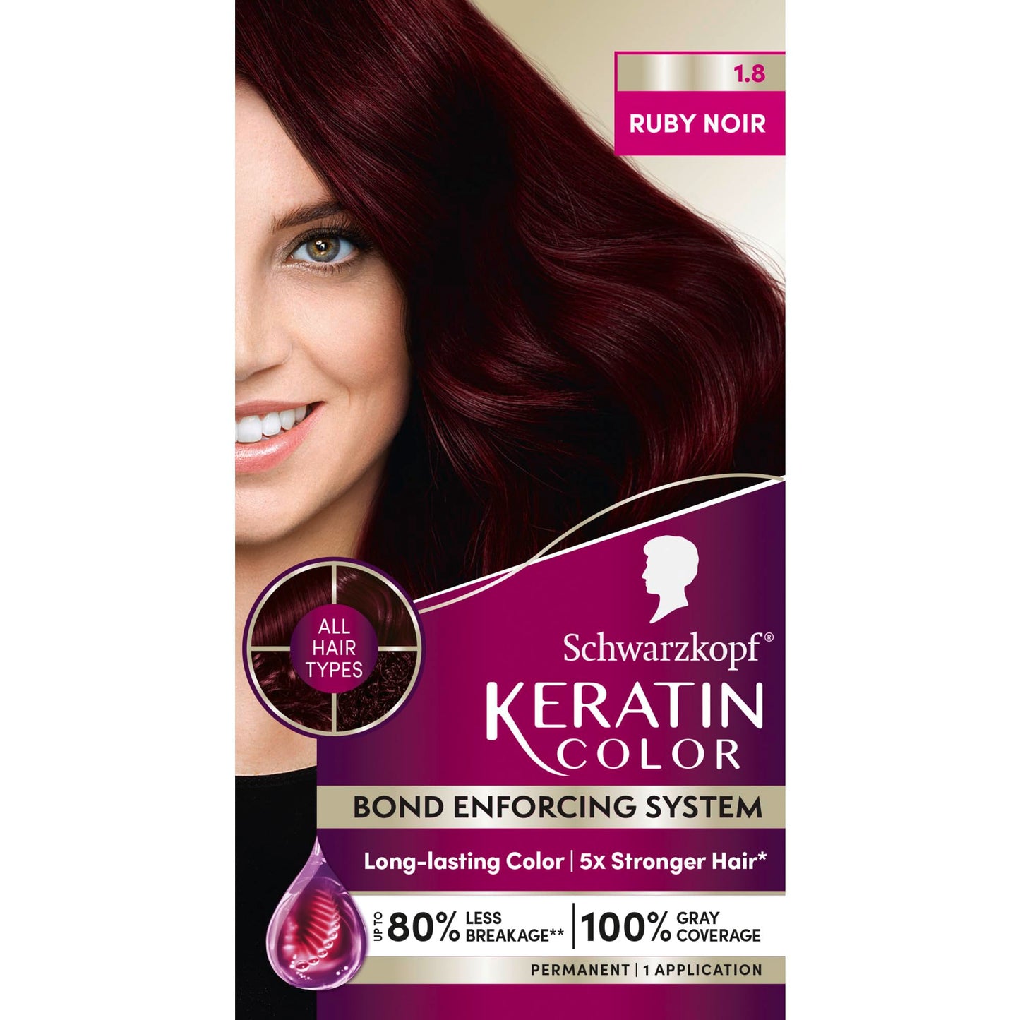 Black Schwarzkopf Keratin Permanent Hair Dye Cream, 1.8 Ruby Noir, Professional Quality Color for Up to 100% Gray Coverage, Bond Enforcing System