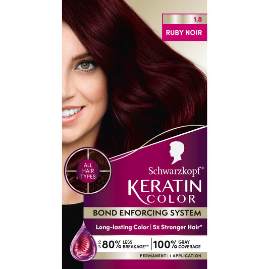 Black Schwarzkopf Keratin Permanent Hair Dye Cream, 1.8 Ruby Noir, Professional Quality Color for Up to 100% Gray Coverage, Bond Enforcing System