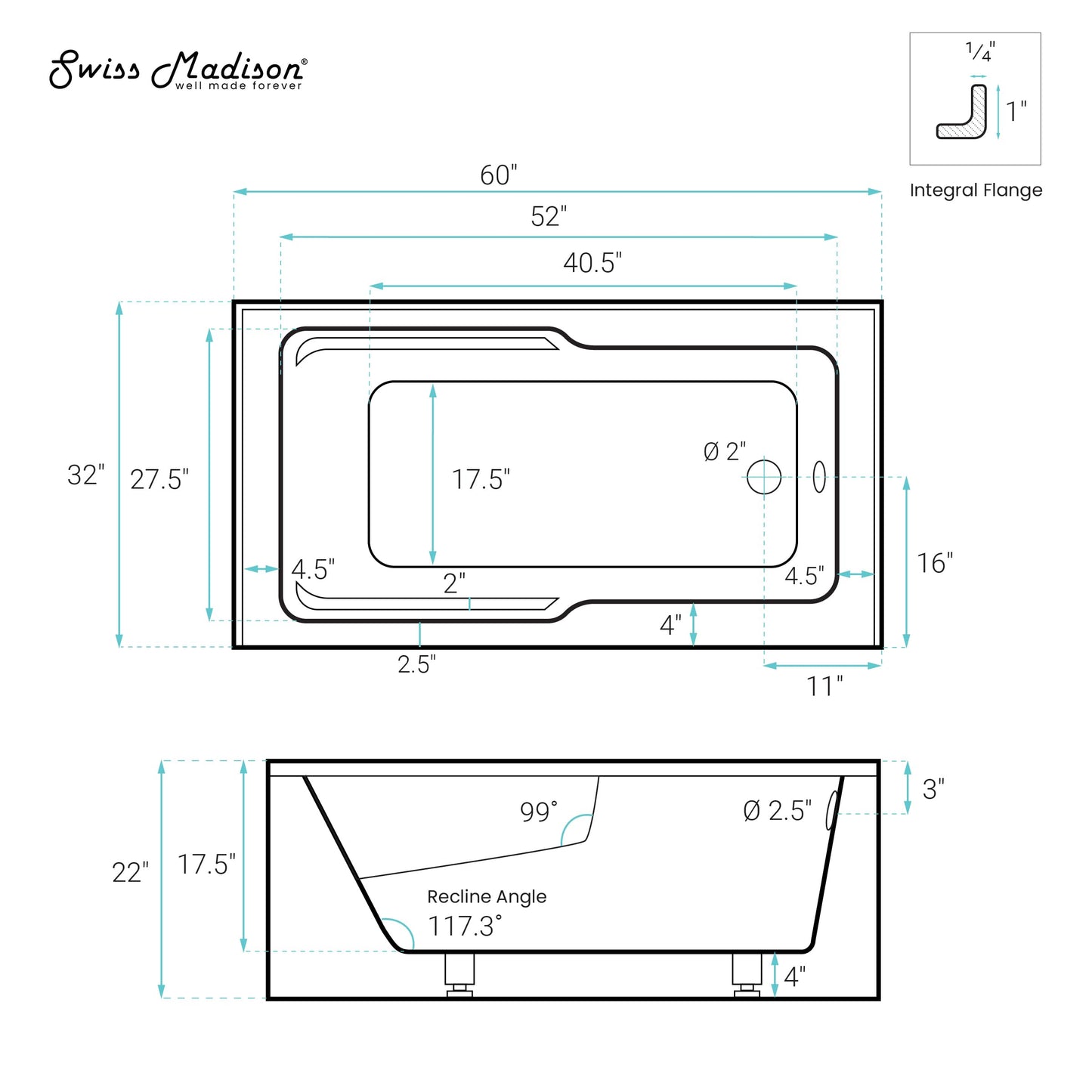 White Smoke Swiss Madison Claire 60 x 32 Right Drain Soaking Alcove Corner Apron Bathtub in Glossy Black
