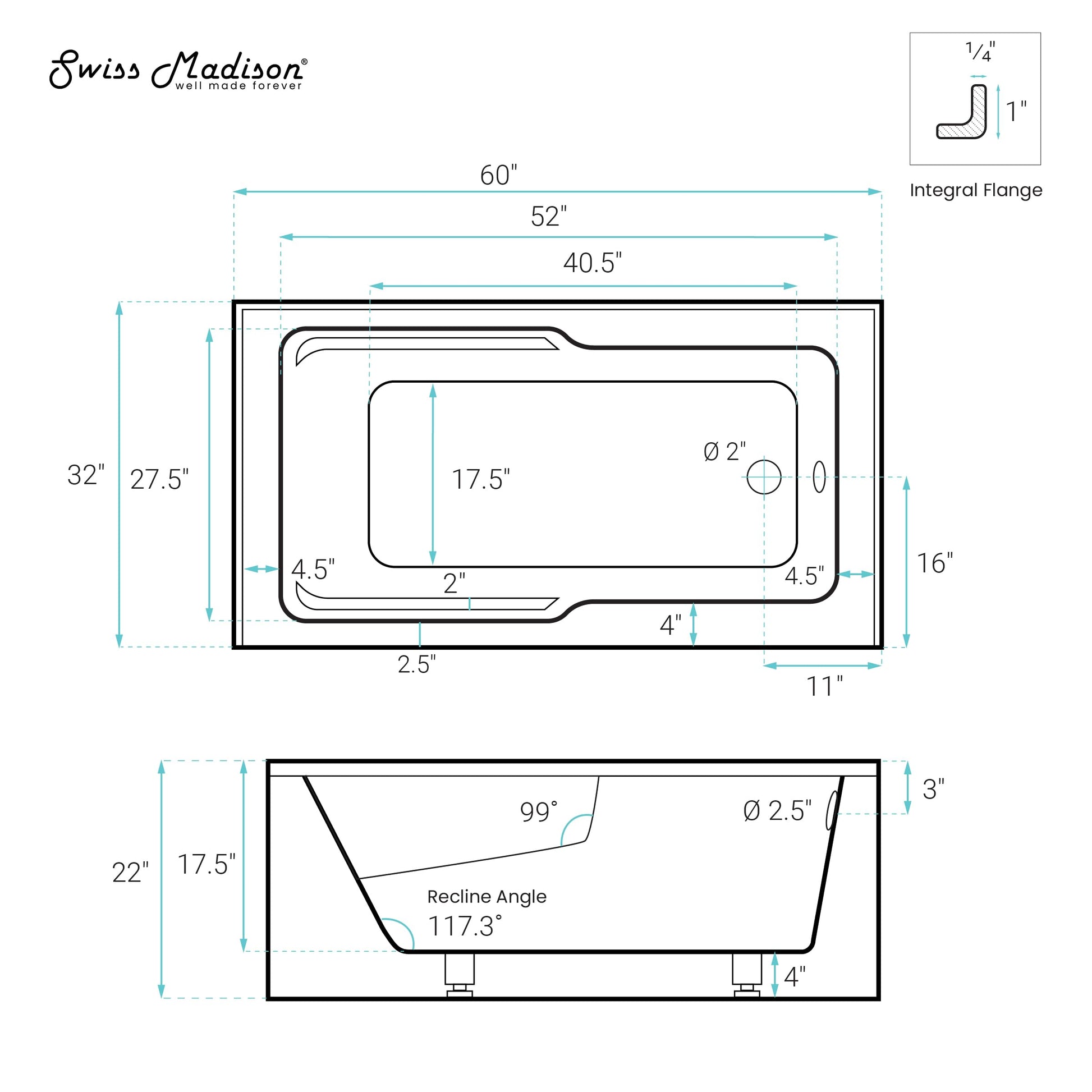 White Smoke Swiss Madison Claire 60 x 32 Right Drain Soaking Alcove Corner Apron Bathtub in Glossy Black