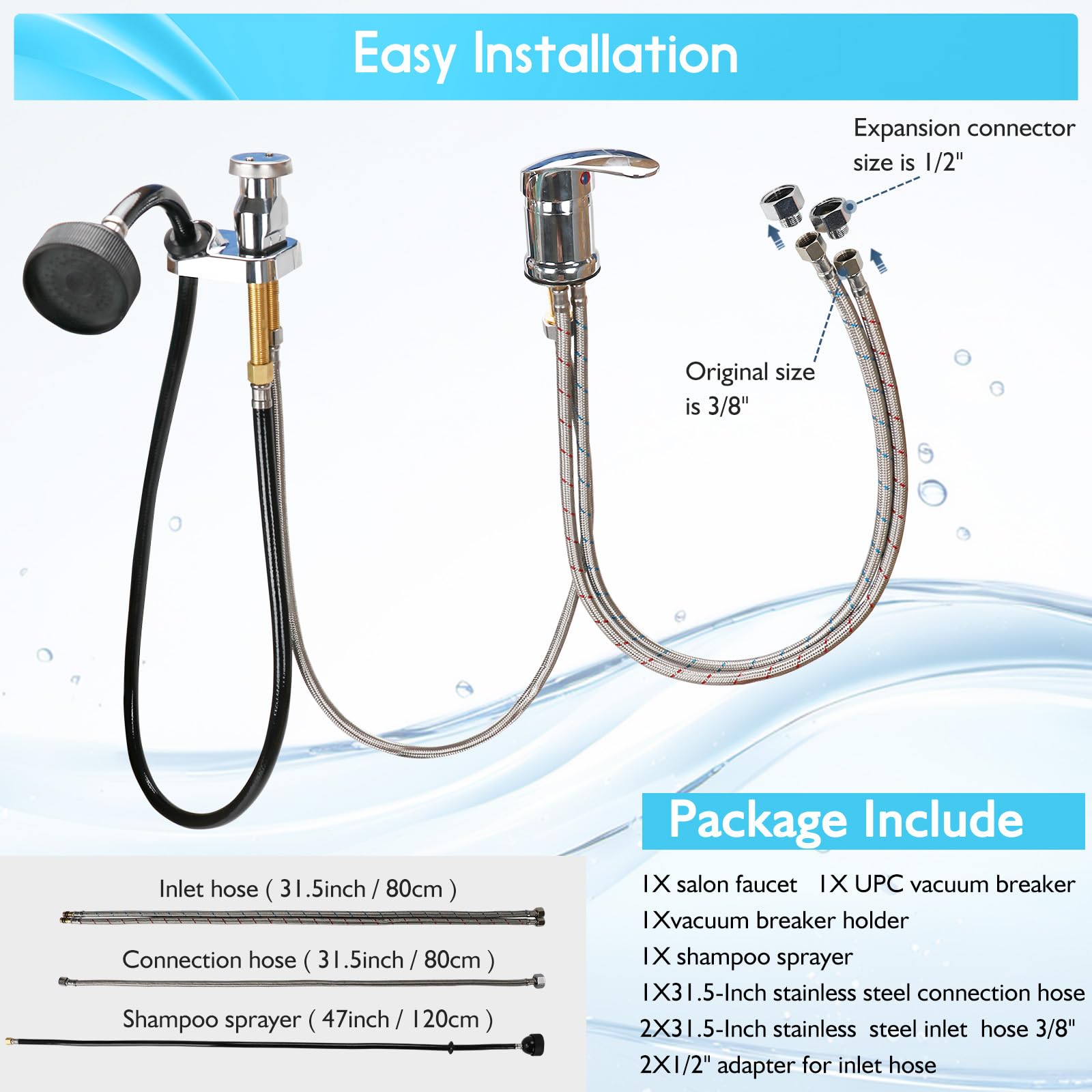 White Smoke LukLoy All-in-One Salon Shampoo Bowl Faucet Vacuum Breaker Kit, Complete Set Salon Sink Parts for Salon Shampoo Bowl and Bed, 1/4" Nut Beauty Salon hose and sprayer for Barber Shop Spa Center