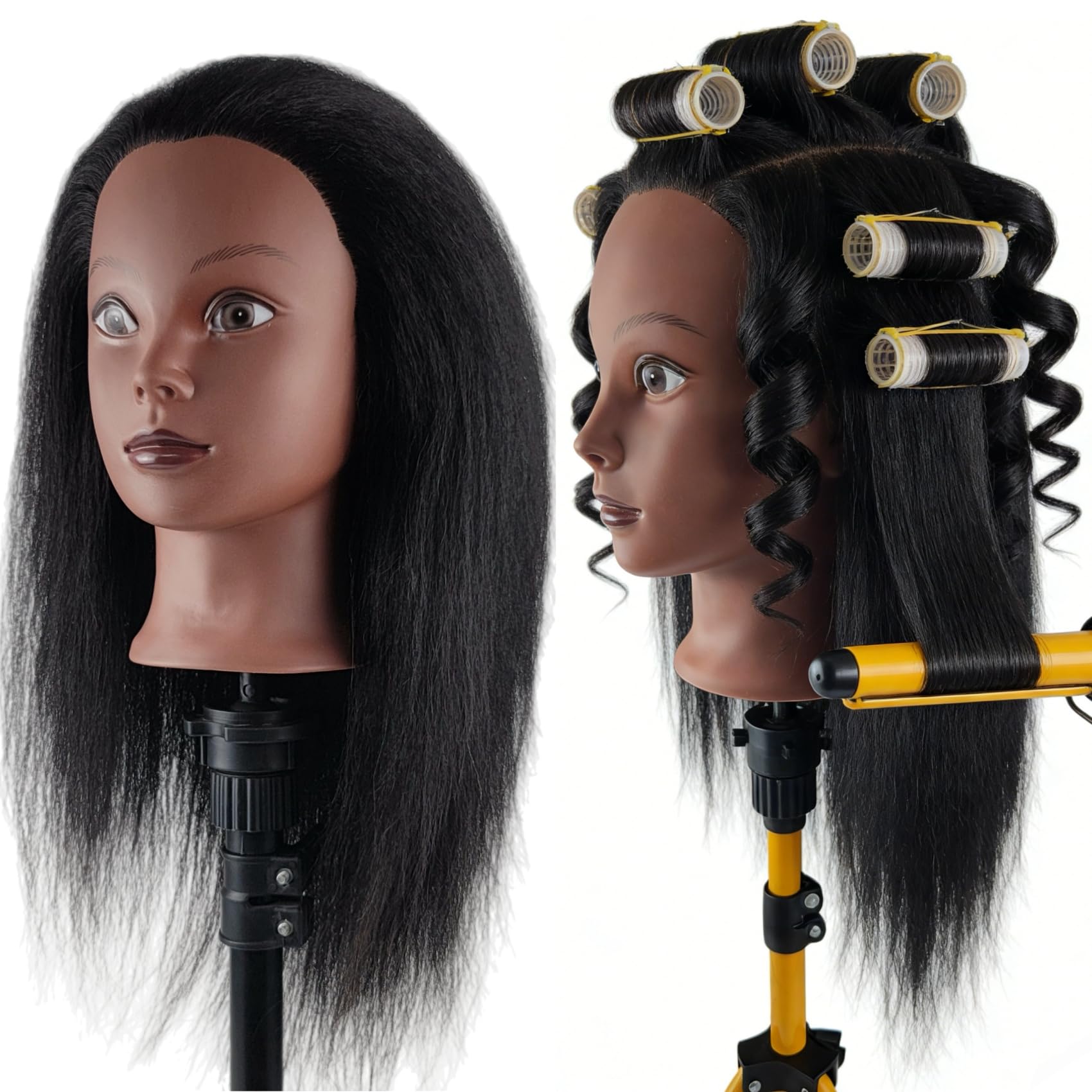 White Smoke Yiifiulyn African Mannequin Head with 100% Real Hair, Cosmetology Doll Head for Hairdresser Practice Hair Styling - Mannequin Head for Kids Practice Braiding Hair
