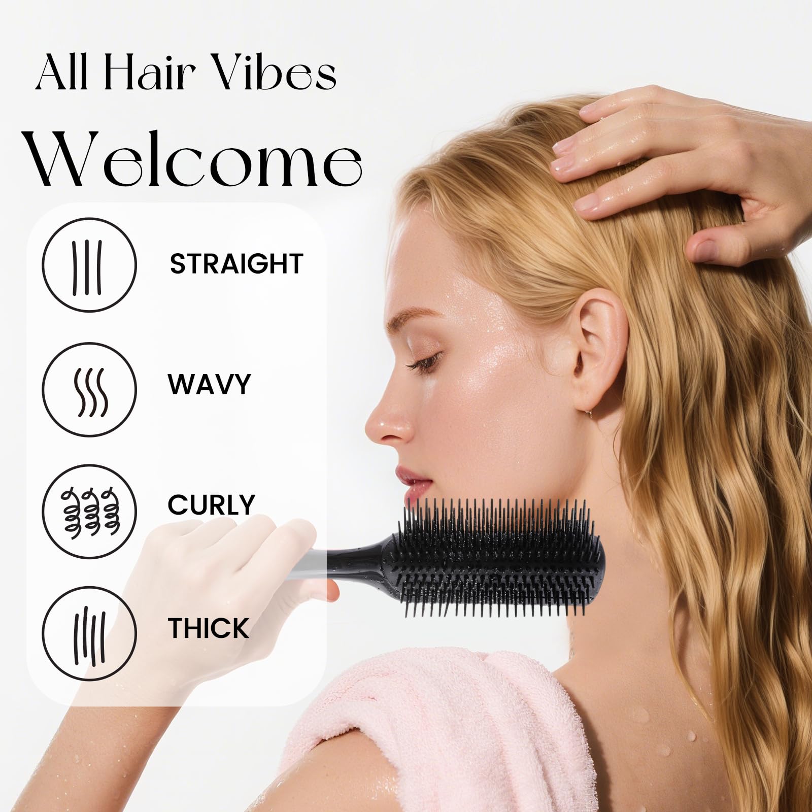 White Smoke Koeuoi Classic Curly Hair Brush - 9 Row All Black Styling Brush for Styling, Smoothing Longer Hair and Defining Curls .For Women and Men Wet or Dry Hair.