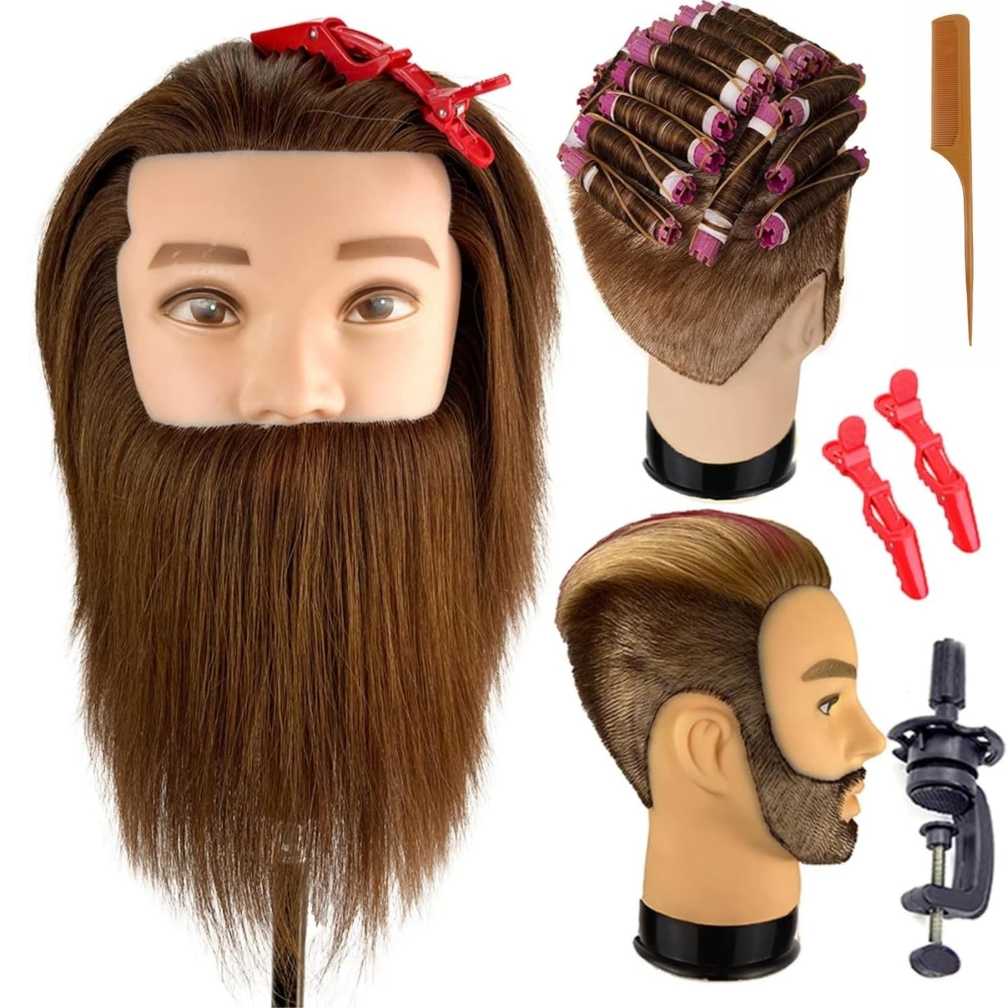 White Smoke Mannequin Head Human Hair for Hair Styling, Barber Mannequin Head Male with 100% Human Hair and Beard Cosmetology Training Manikin Head for Hair Cutting