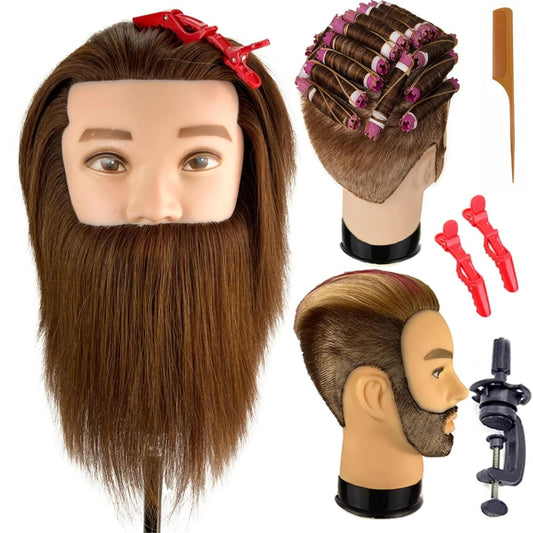 White Smoke Mannequin Head Human Hair for Hair Styling, Barber Mannequin Head Male with 100% Human Hair and Beard Cosmetology Training Manikin Head for Hair Cutting