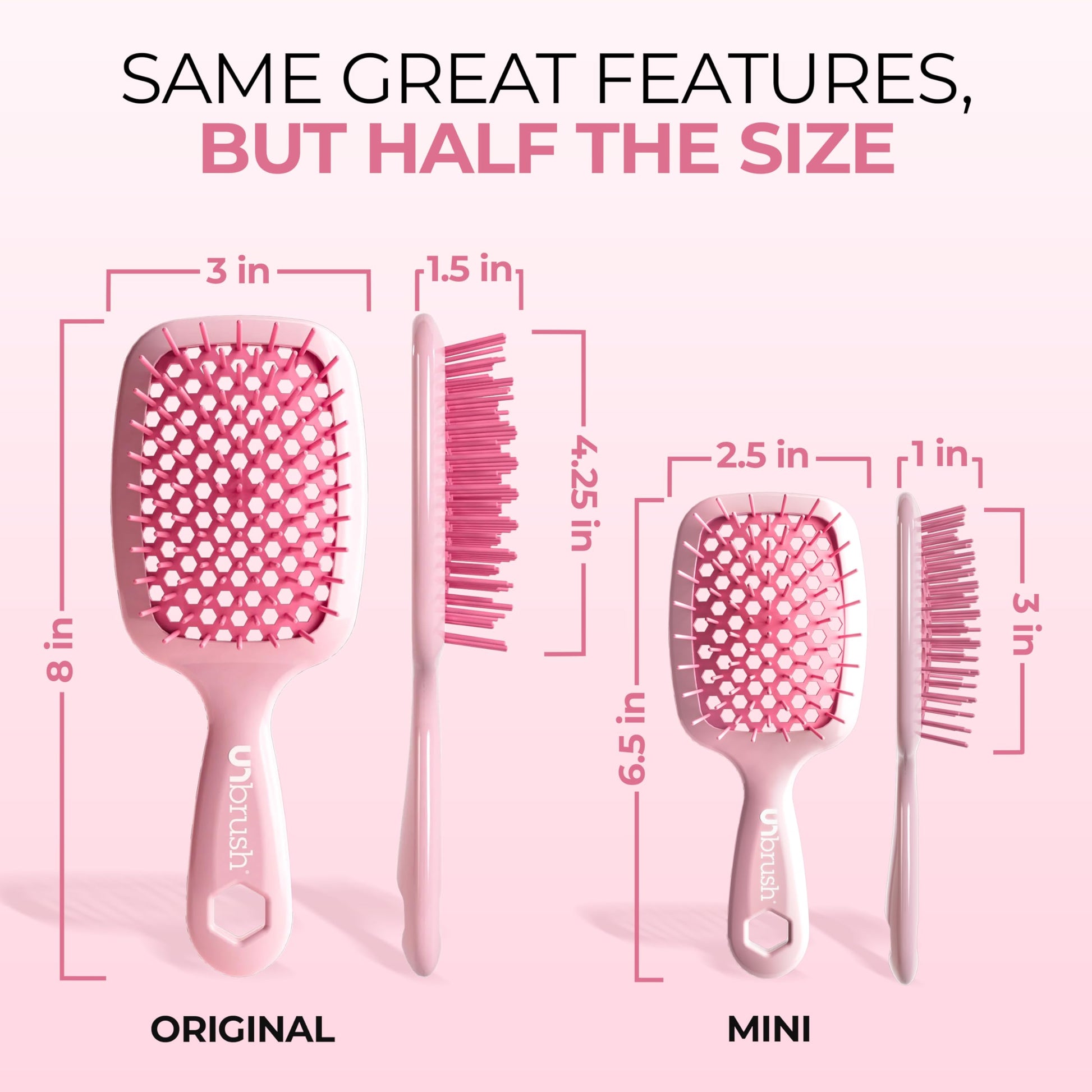 Misty Rose FHI Heat UNbrush Mini Detangler Brush for Pain-Free Brushing on All Wet or Dry Hair Types — Durable Duoflex Anti-Static Bristles, Lightweight Handle, Vented Mini Hair Brush, Peony Light Pink