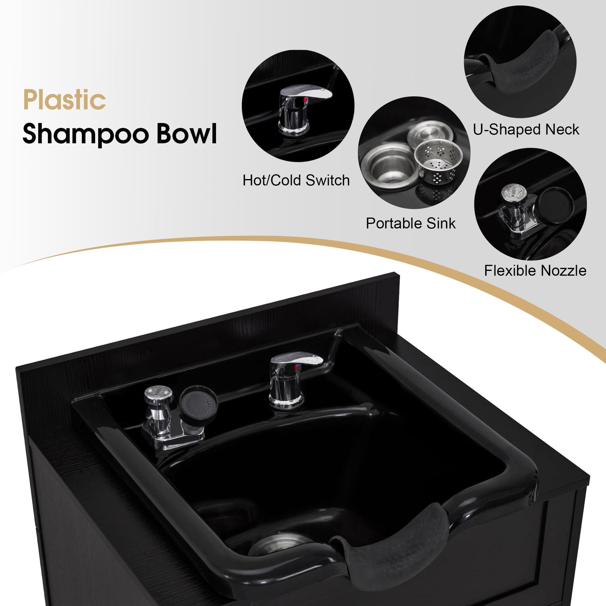 Black BarberPub Barber Storage Shampoo Station, Spa Textured Embossed Cabinet with Shampoo bowl & Drawers, Hair Salon Sink Backwash Equipment 7131 (Black)