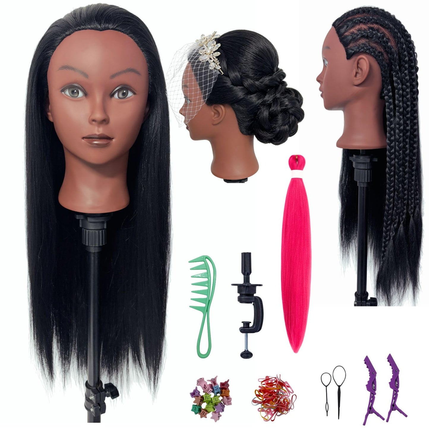White Smoke 26-28“ Hair Mannequin Head for Beginners Braiding Hair Styling Practice, Manikin Updo's Training Doll Head for kids with Stand