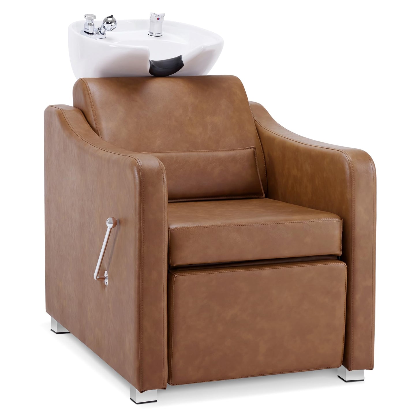White Smoke BarberPub Backwash Shampoo Station Chair, Adjustable Porcelain Ceramic Hair Wash Bowl with Chair, Shampoo Station for Barber Shop, Spa Beauty Salon Equipment 9364 (Brown)