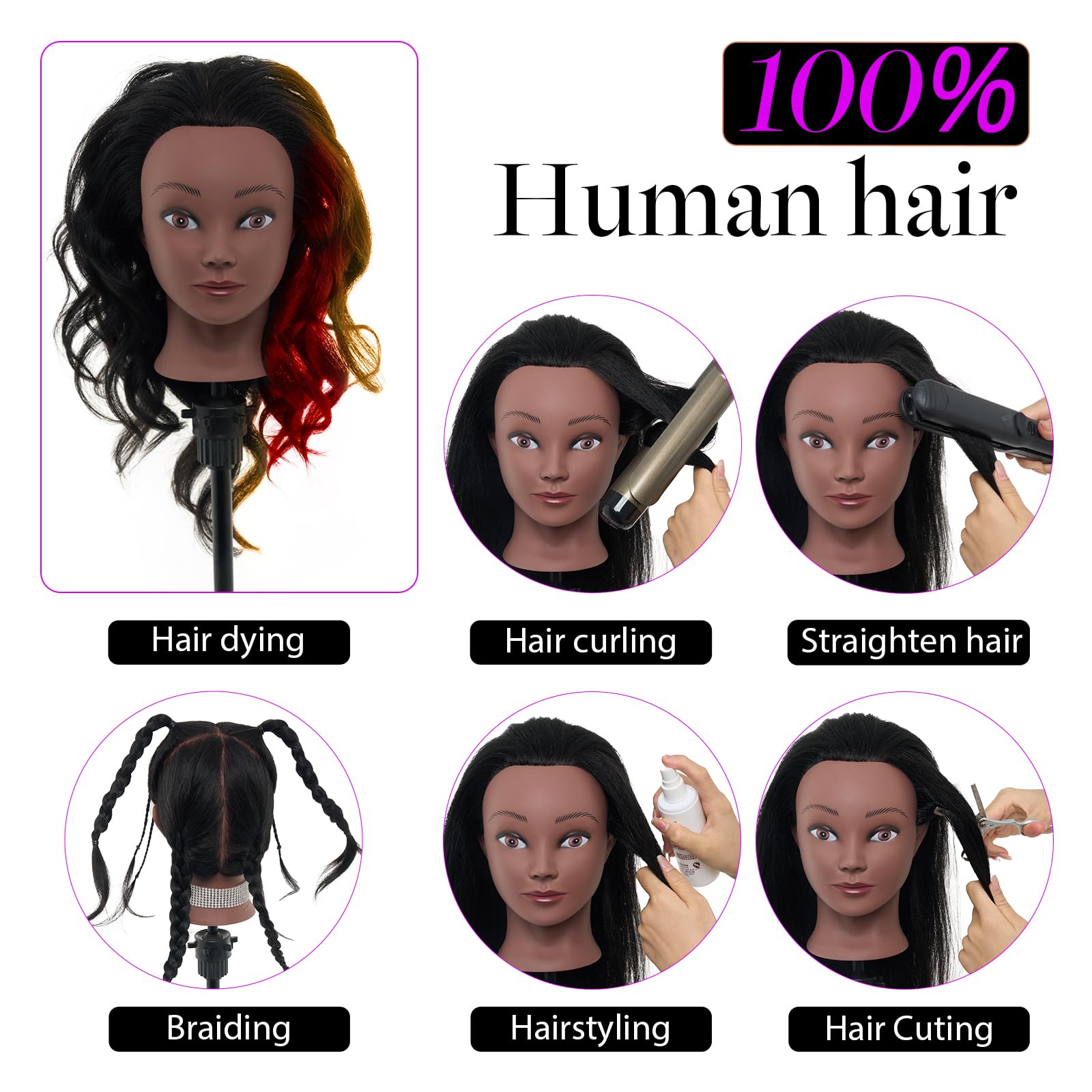 White Smoke 18" Mannequin Head Human Hair with Stand - 100% Real Human Hair Mannequin Head for Braiding, Cosmetology Manikin Doll Head for Hair Styling with Tripod Stand Table Clamp Hair Braiding Set,Black