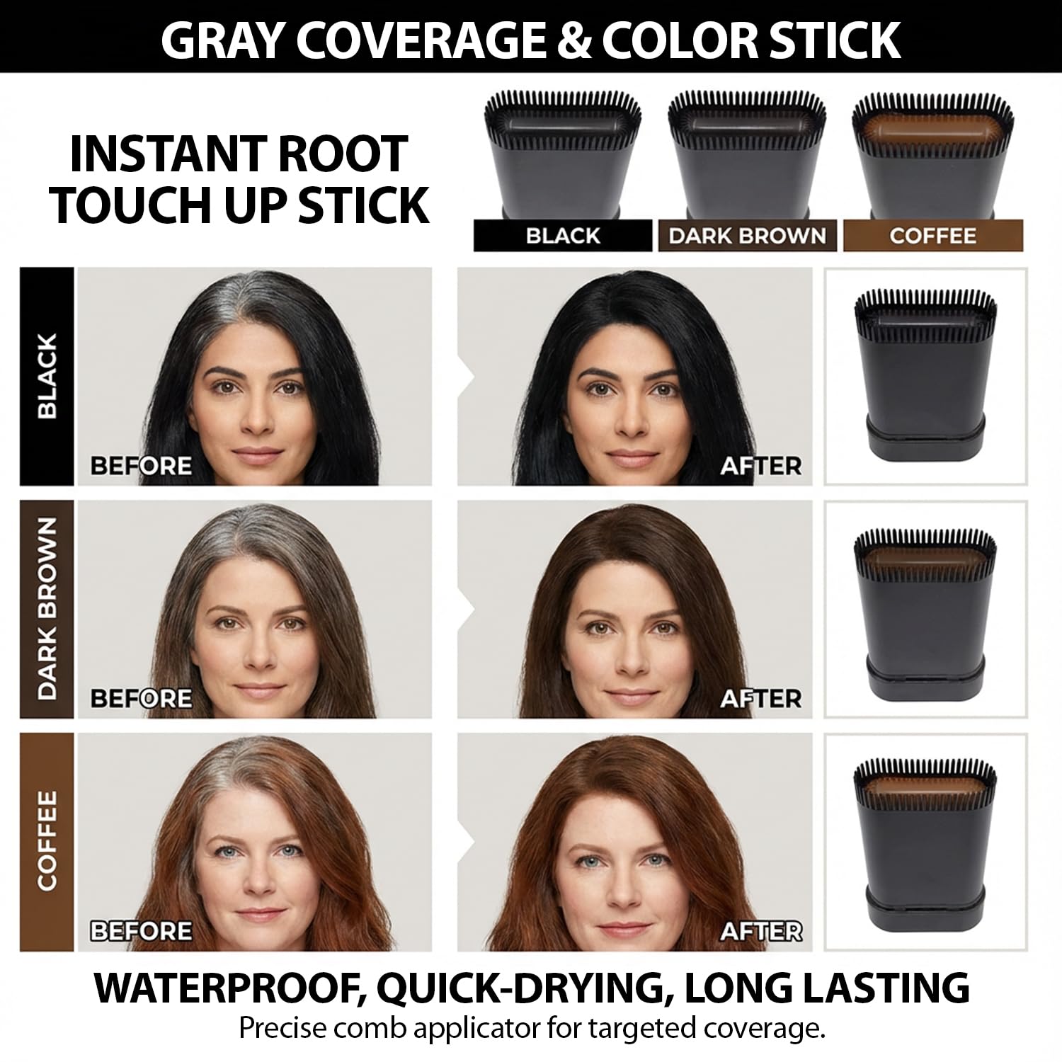 White Smoke TheMore Crazy 2-in-1 Hair Color Stick with Built-in Comb, Quick Root Touch-Up, Gentle Safe Formula, Long-Lasting Sweat-Proof Smudge-Proof for Women & Men (Black)