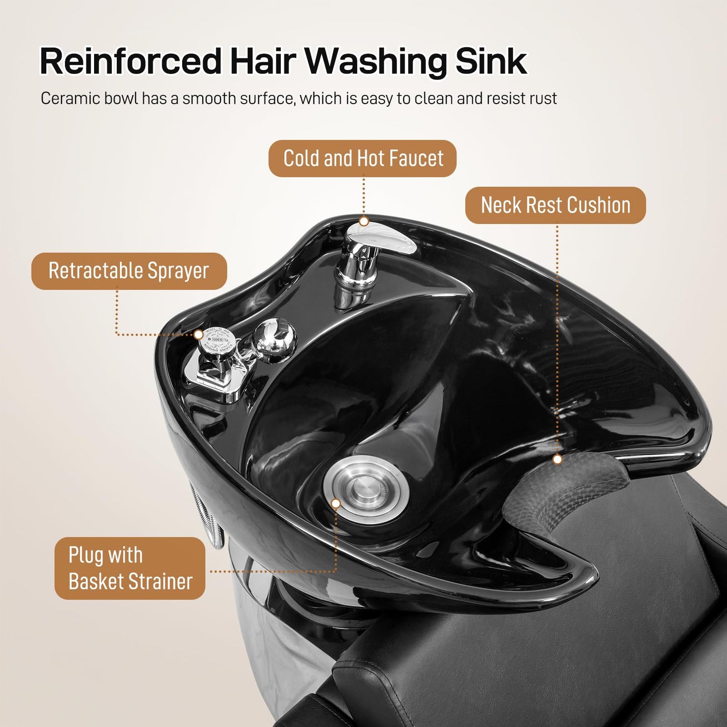 Lavender Winado Shampoo Backwash Barber Chair with Ceramic Hair Wash Bowl Sink, Adjustable Leg Baffle, Reclining Shampoo Station Chair for Barbershop Beauty Spa Massage Hairdressing Equipment, Black