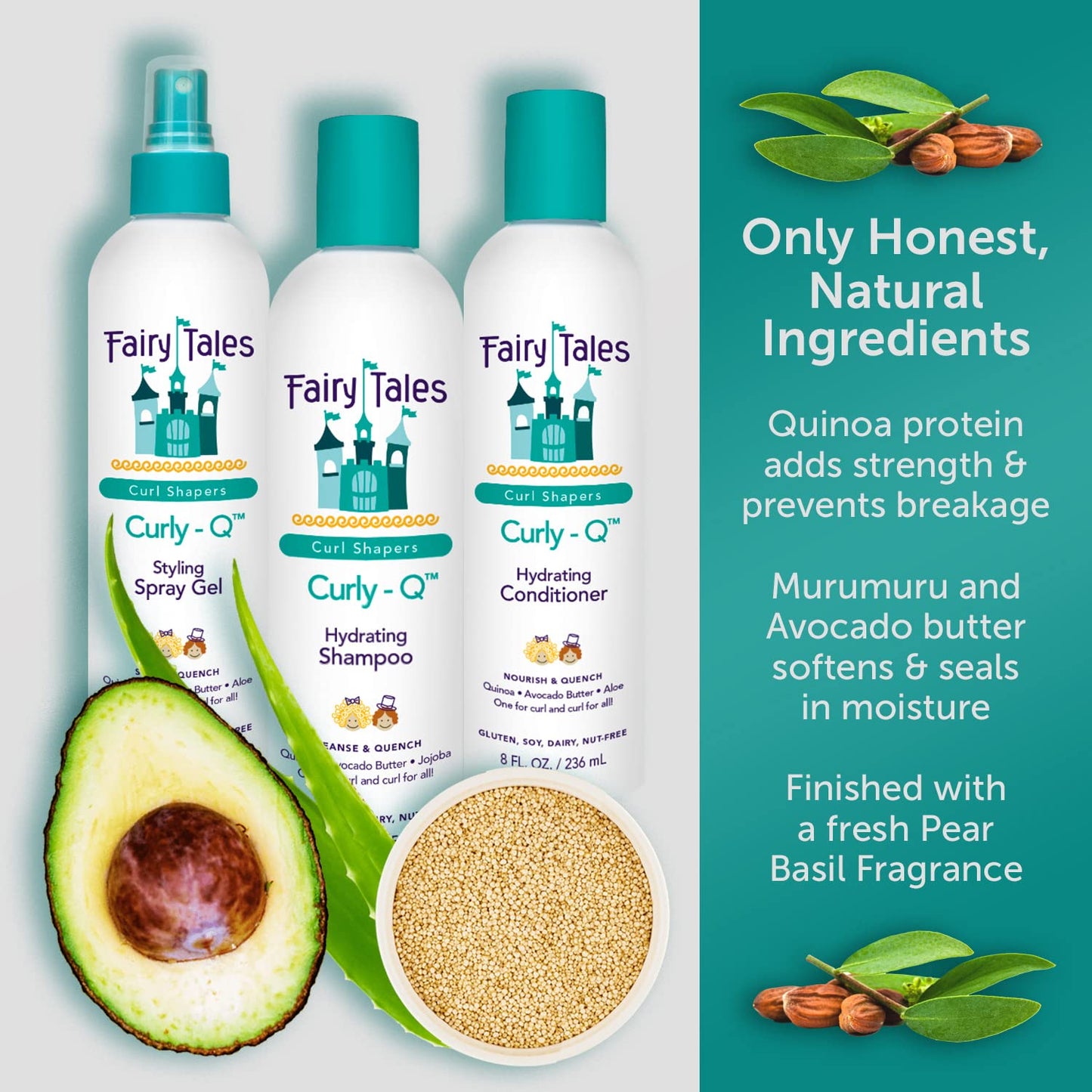 Light Sea Green Fairy Tales Curly Q Hydrating Kids Shampoo 12oz and Conditioner 8oz - Paraben, Sulfate, Gluten, and Nut Free - For All Curl Types Including Multi Cultural Hair (2 Pack)