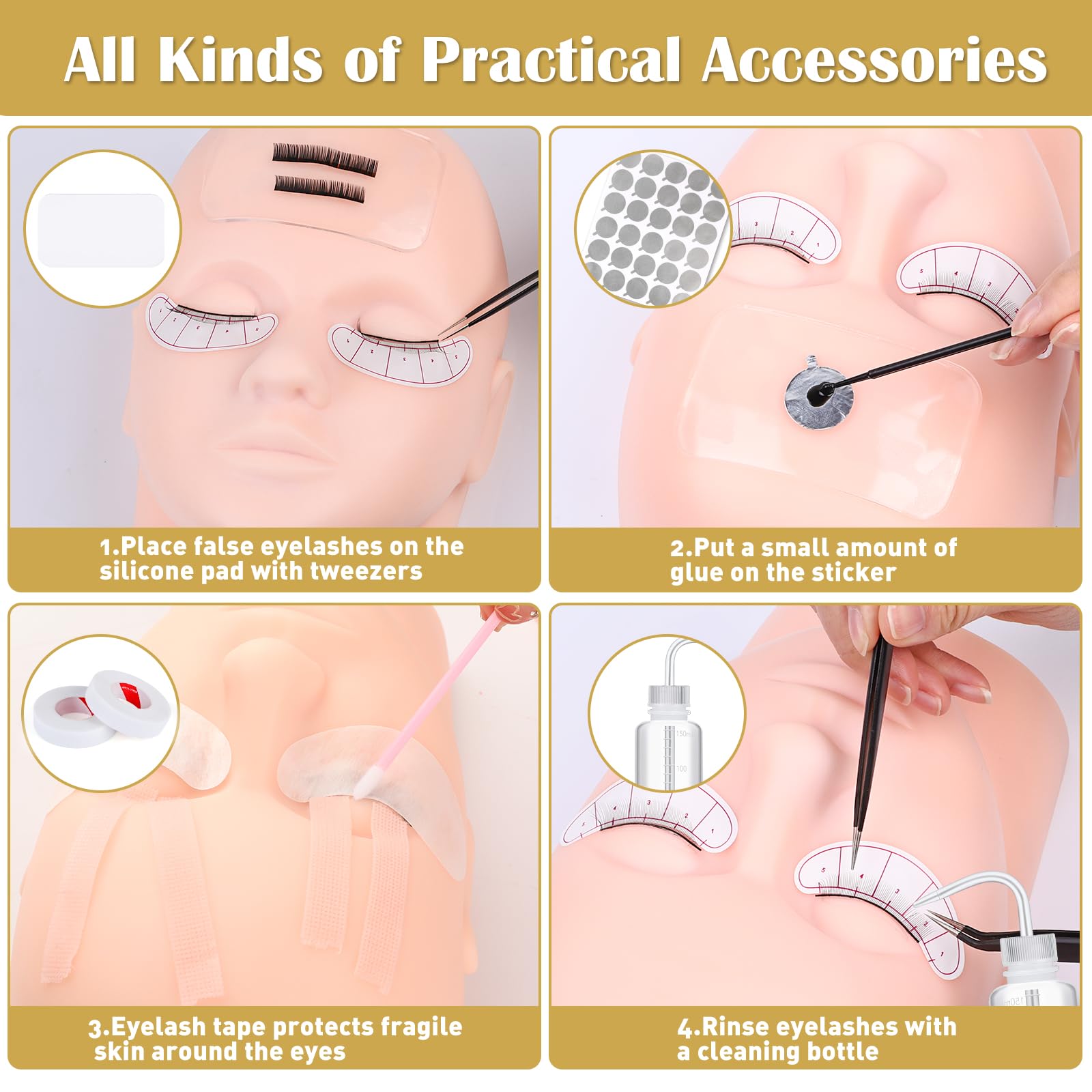 Bisque Eyelash Extension Kit for Beginners, Professional Lash Extension Kit with Mannequin Head, Lash Starter Kit with Lash Fan, Lash Extension Supplies for Practice Training Kit(Black)