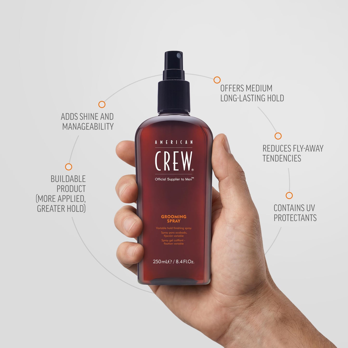 Light Gray American Crew Men's Hair Spray, Variable Hold Grooming Styling Product, 8.45 Fl Oz