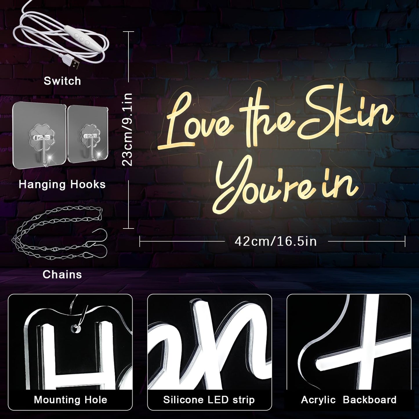 Black Gyaksjm ''Love the Skin You're in'' Neon Sign Facial Spa Neon Light for Wall Decor Warm White Letters Neon Lights Beauty Salon Sign for Business Skin Care Salon Beauty Shop Decorations