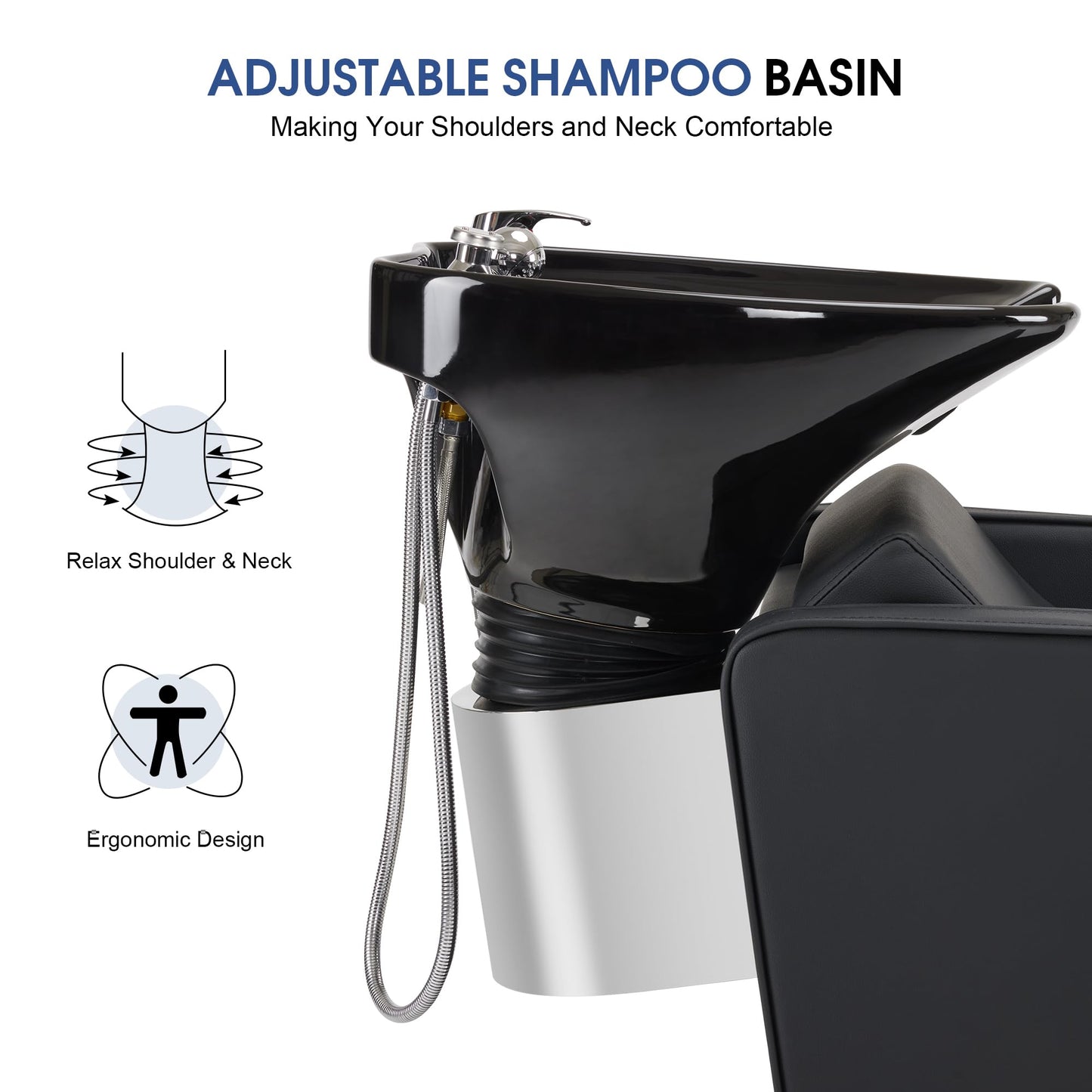 White Smoke BarberPub Backwash Shampoo Station Chair, Adjustable Porcelain Ceramic Hair Wash Bowl Sink Unit Station, Reclining Shampoo Station Chair for Spa Beauty Salon Hair Salon Equipment 9303 (Black)