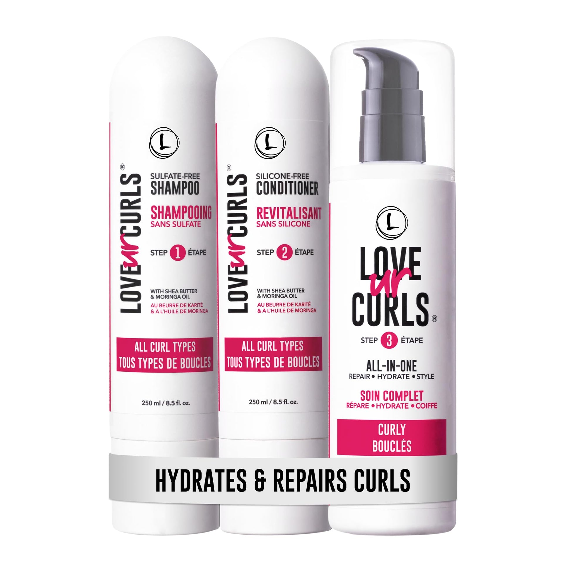 White Smoke Love Ur Curls - Shampoo & Conditioner Set with All in One Curl Cream Styler for Curly Hair, 3 Step System for Repair and Moisturizing