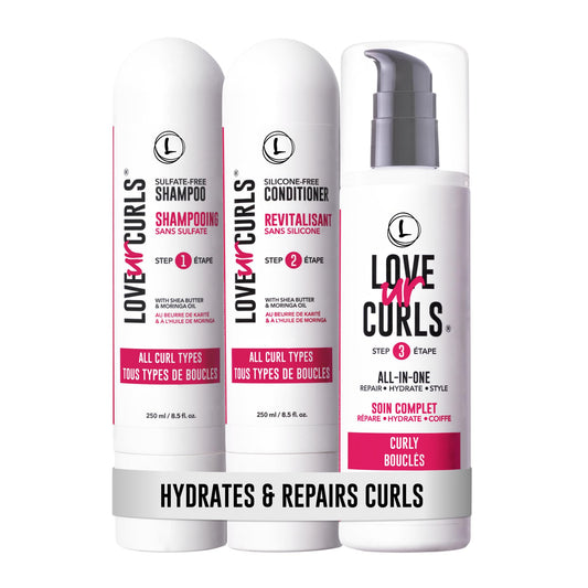 White Smoke Love Ur Curls - Shampoo & Conditioner Set with All in One Curl Cream Styler for Curly Hair, 3 Step System for Repair and Moisturizing