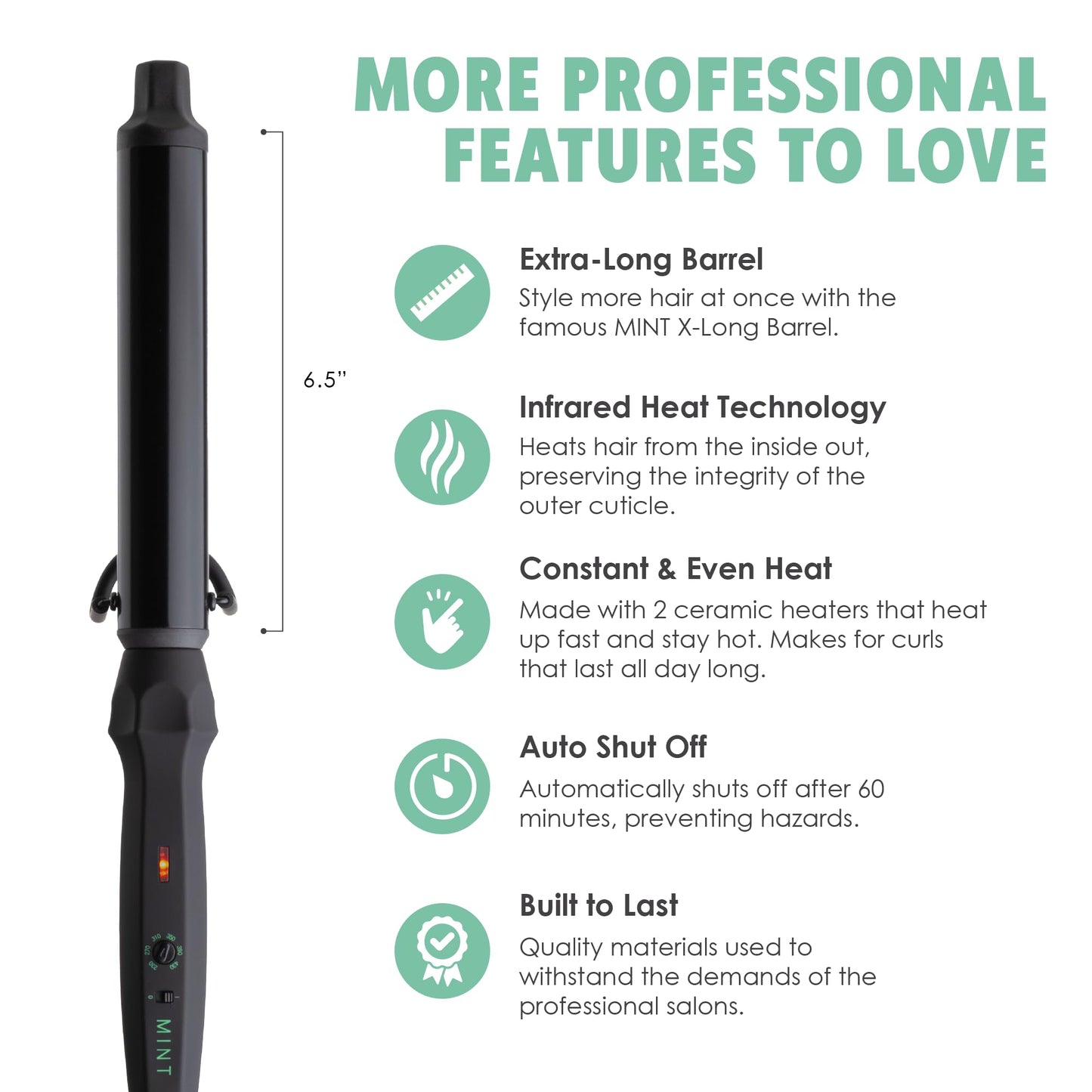 White Smoke MINT Professional Clamp-Free Curling Wand 1 1/4 Inch for Long Hair | Extra Long Curl Wand with 4-Heater Ionic Ceramic Barrel | Best Curling Wands | Adjustable 230-430°F | Worldwide Dual Voltage