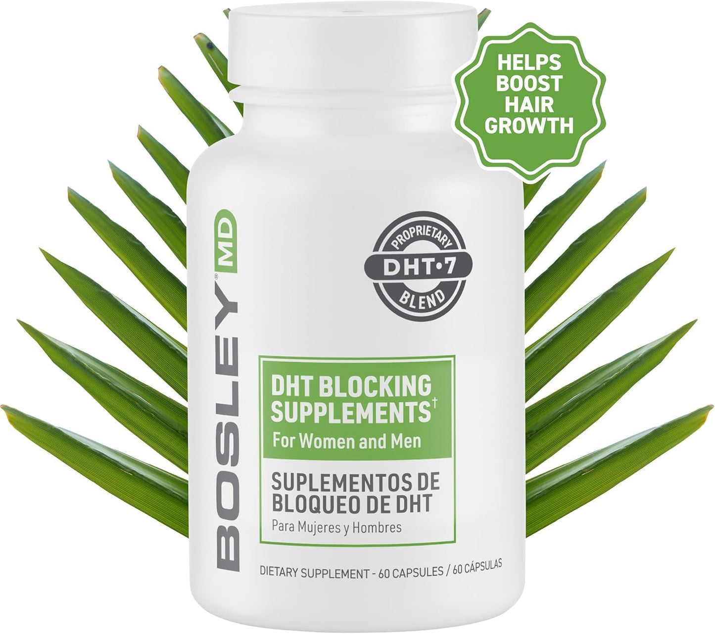 White Smoke BosleyMD Men & Women DHT Blocking Hair Supplement, Thicker Fuller Hair with DHT·7 Blend, Saw Palmetto, Reishi Mushroom, Green Tea Extract, Nettle Leaf, Dandelion Root & Pygeum Bark, 60 Capsules