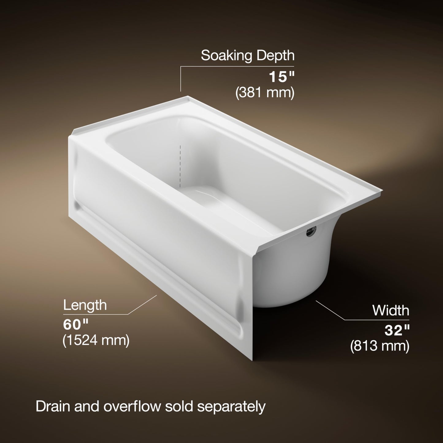 Black KOHLER 1150-RA-0 Bancroft 60" x 32" Acrylic Alcove Bathtub with Integral Flange and Right Hand Drain, Integral Apron, White