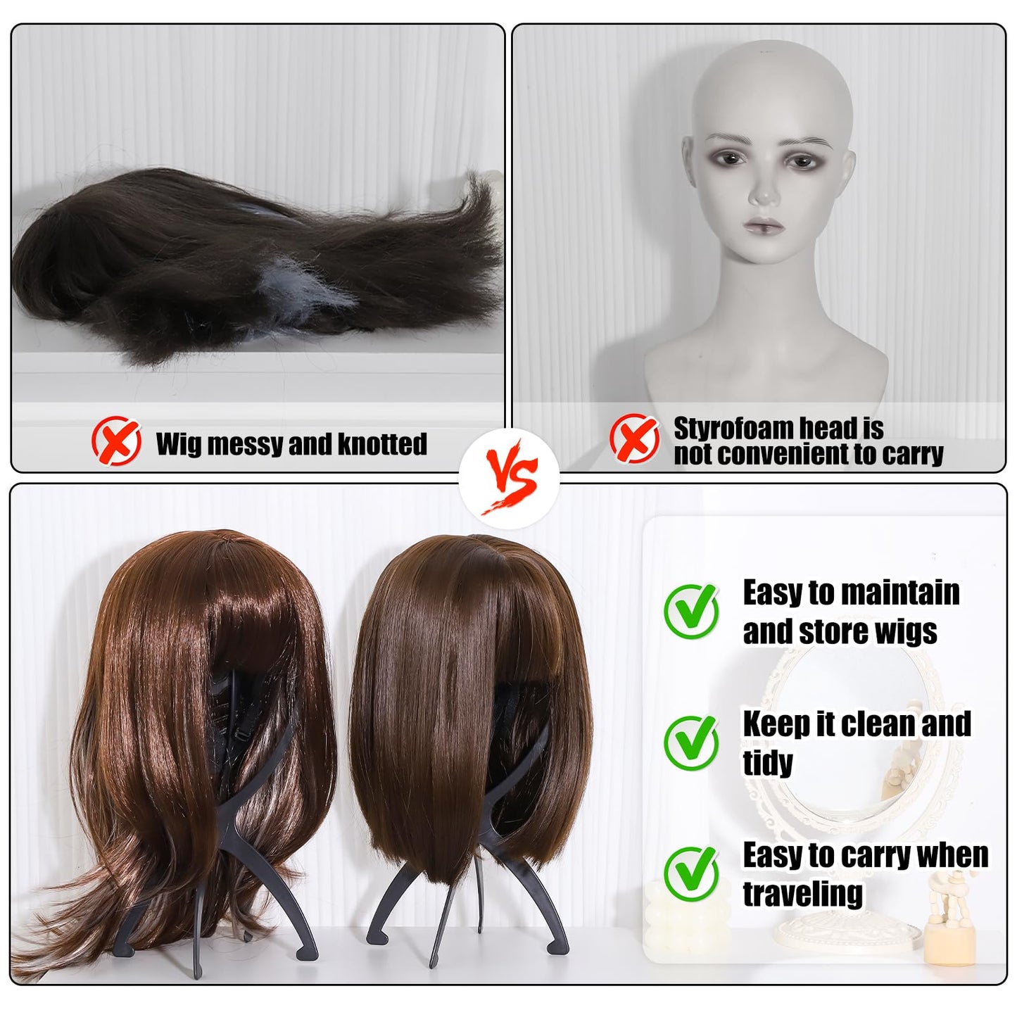 Light Gray obeoby Wig Stand, Portable Wig Holder Wig Head Stand for All Wigs Travel Wig Hair Stylist Gifts for Women(black (2 pack))