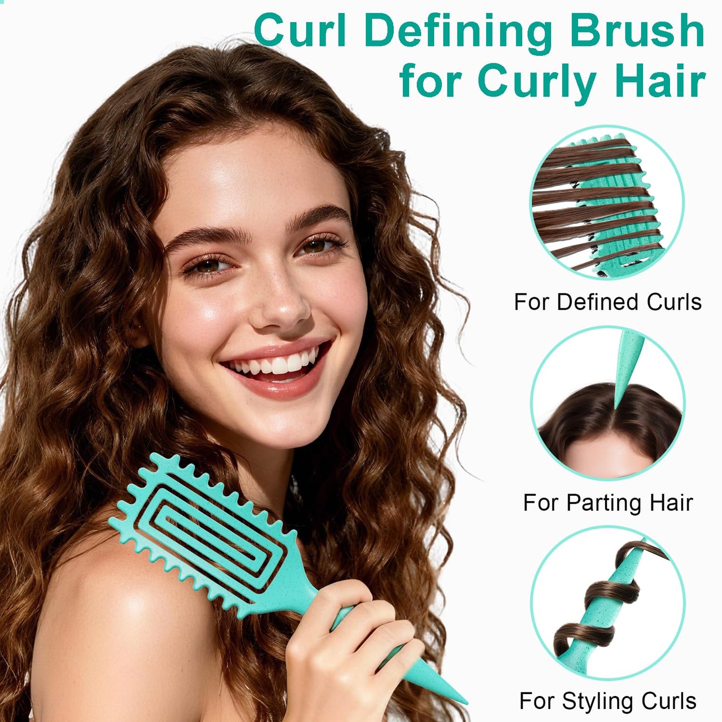 White Smoke Curly Hair Brush, Curl Defining Brush with Soft Boar Bristles Detangling Tangled Glides, Wide-Teeth Design Effortlessly Shaping & Defining Curls, Curling Definer for Wet & Dry Hair (Green)