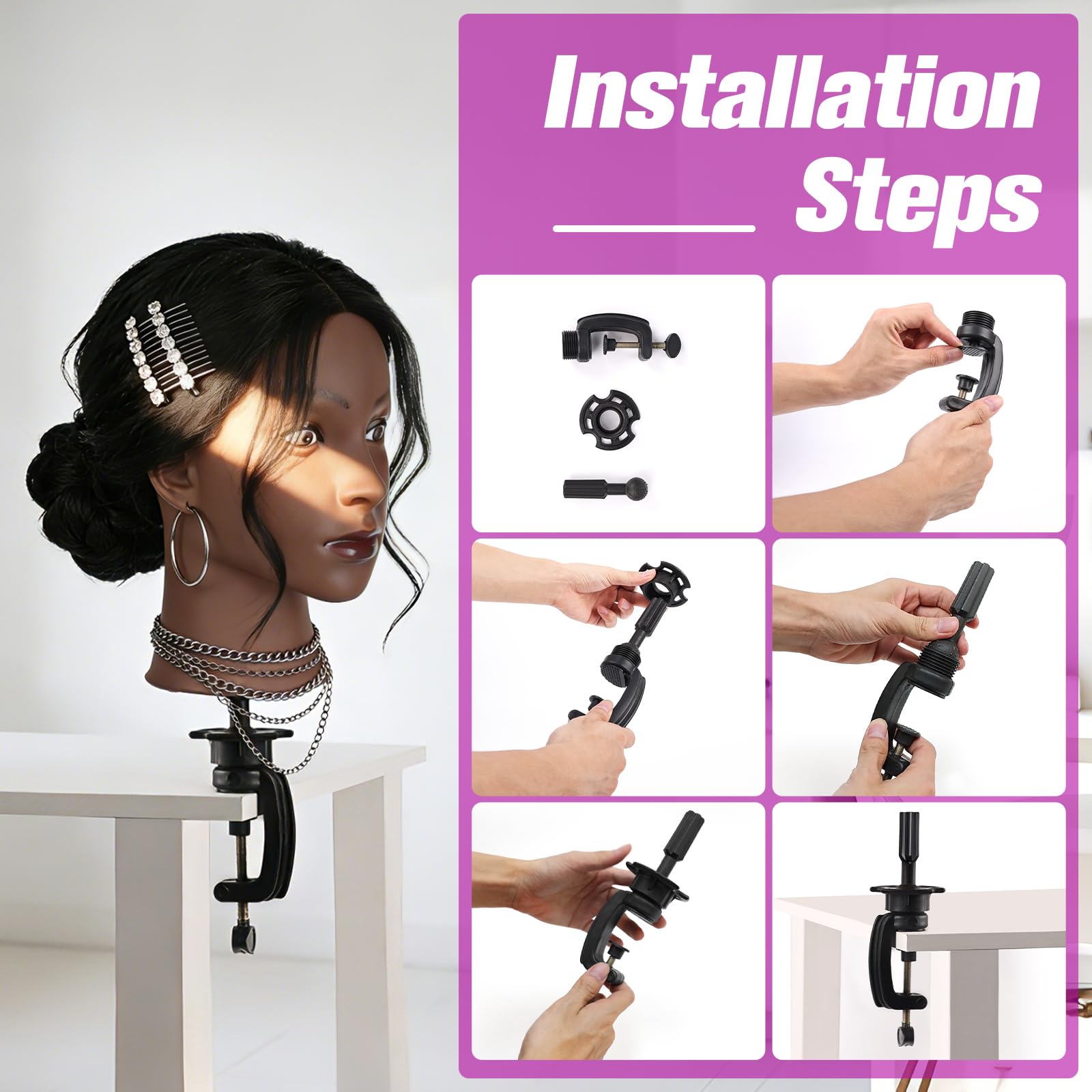 White Smoke 100% Real Hair Mannequin Head,22''Human Hair Mannequin Cosmetology Manikin Doll Head Hair Styling Hairdressing Practice Training Head with Clamp Holder and Tools（Black）