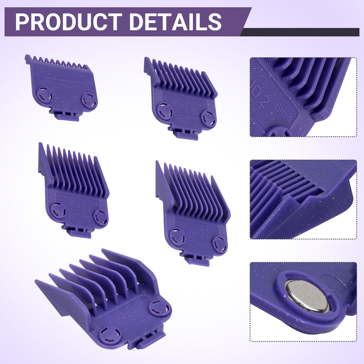 White Smoke 01410 Dual Magnetic Clipper Guards Replacement for Andis Master Hair Clippers MBA, MC-2, ML, PM-1, PM-4, and PM-5, PM Family Hair Clippers, 5 Packs Waterproof Clipper Comb Set, Purple