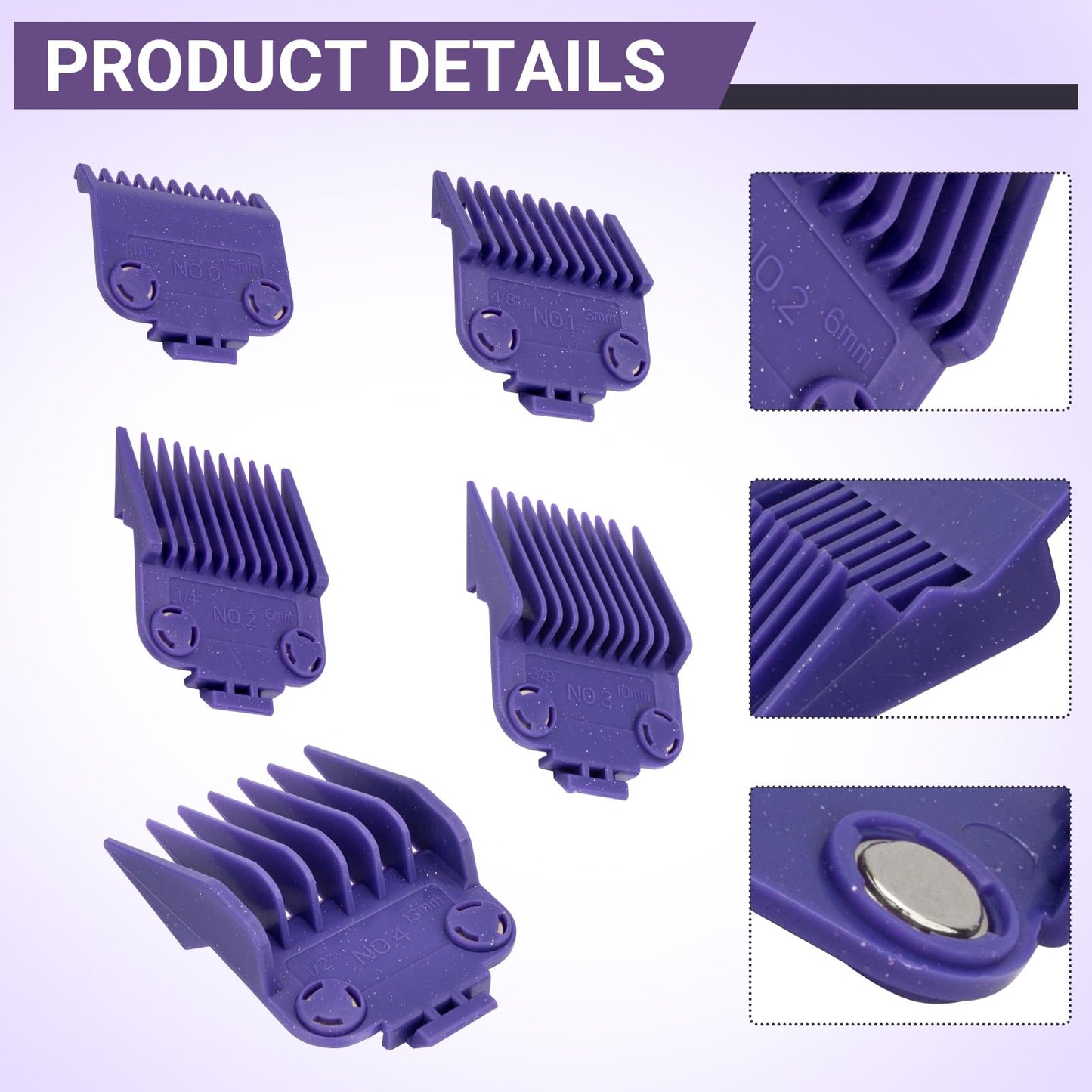 White Smoke 01410 Dual Magnetic Clipper Guards Replacement for Andis Master Hair Clippers MBA, MC-2, ML, PM-1, PM-4, and PM-5, PM Family Hair Clippers, 5 Packs Waterproof Clipper Comb Set, Purple