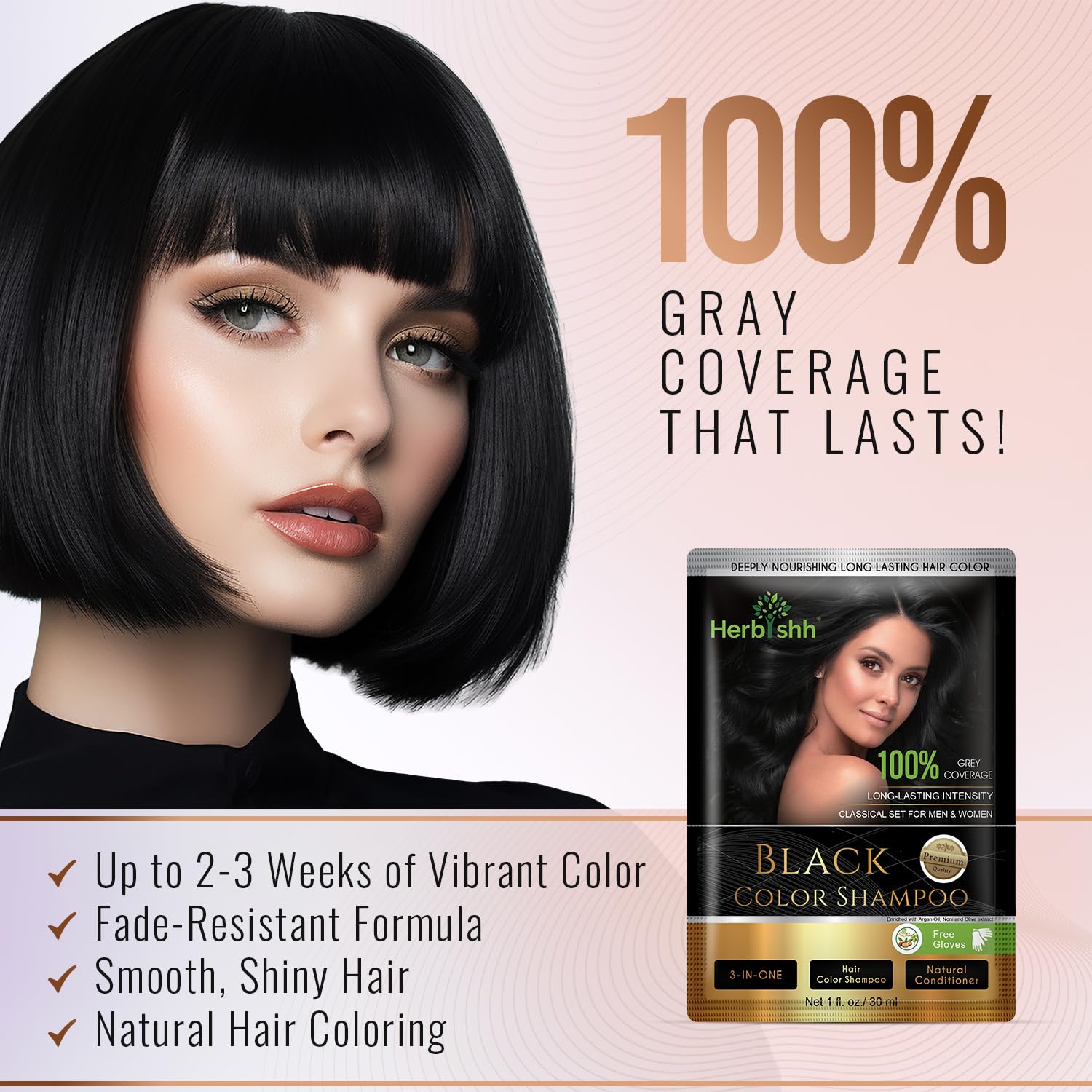 Black Herbishh Natural Hair Dye Shampoo with Argan Mask - Long-Lasting Color for Gray Hair - Travel Size, 10+1 Pack, Ammonia-Free (Black)