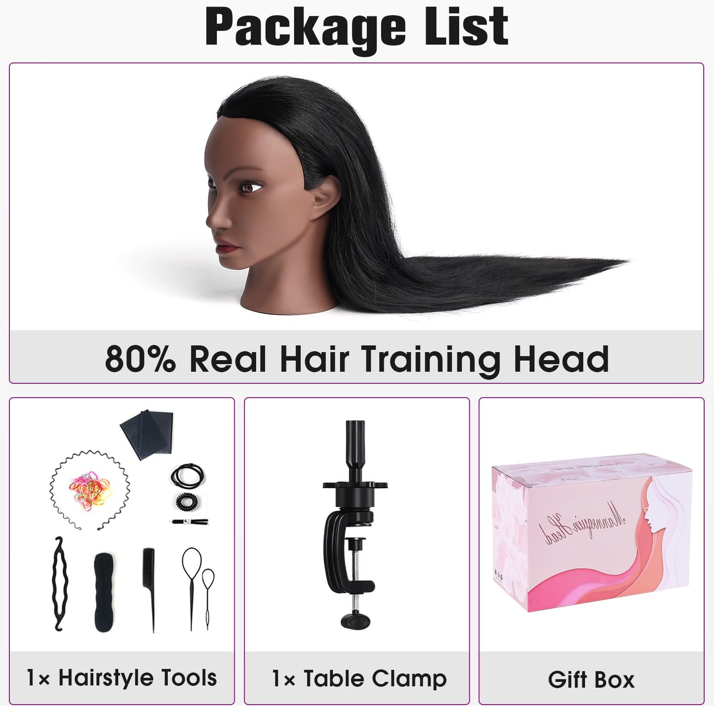 White Smoke Mannequin Head Human Hair, 26" Cosmetology Mannequin Head with 80% Human Hair, Doll Head for Hair Styling with Clamp Holder and Tools (Black)