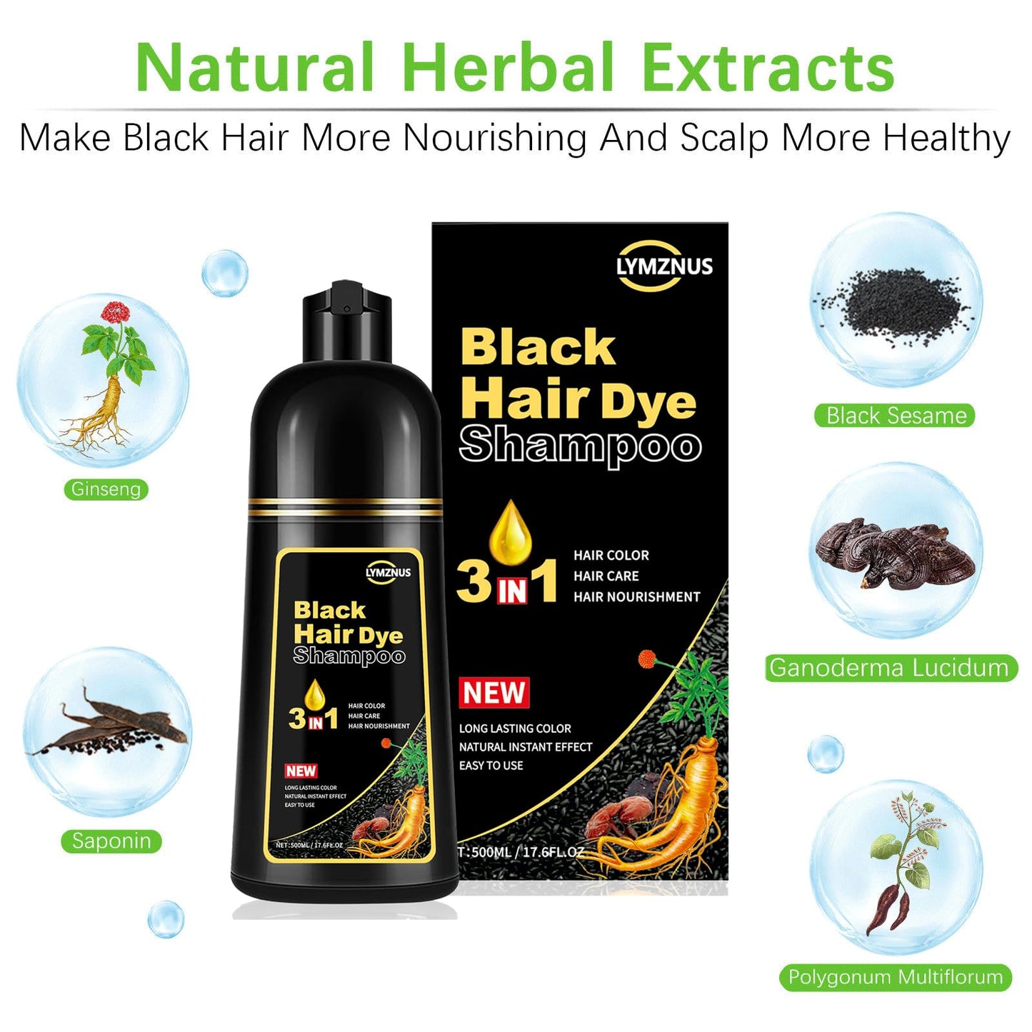 White Smoke lymznus Herbal Black Hair Dye Shampoo 3 in 1 for Gray Hair, Instant Hair Color Shampoo for Women & Men, Black Hair Shampoo for 100% Grey Coverage 500ML