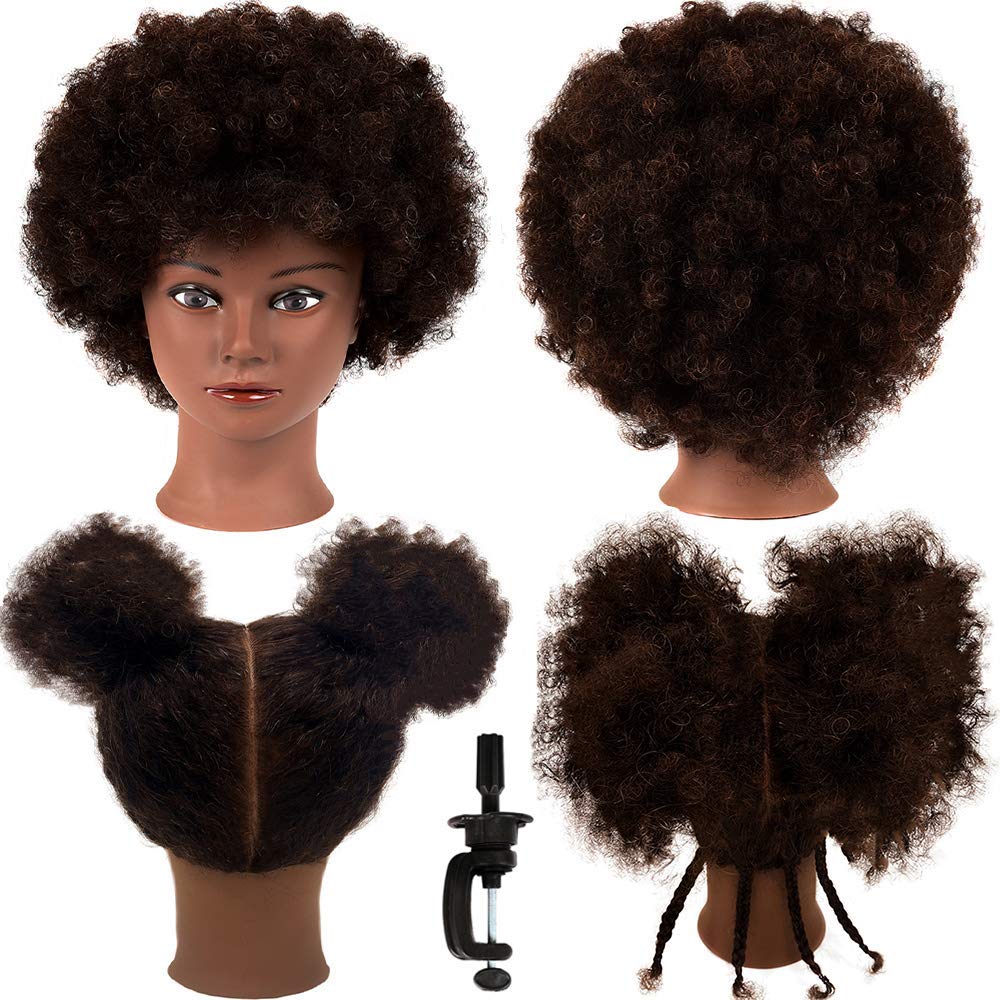 White Smoke MORRIS 10” Human Hair Training Afro Mannequin Head – Short Curly Hair for Beginners to Practice Braiding, Cutting, Styling – Includes Clamp