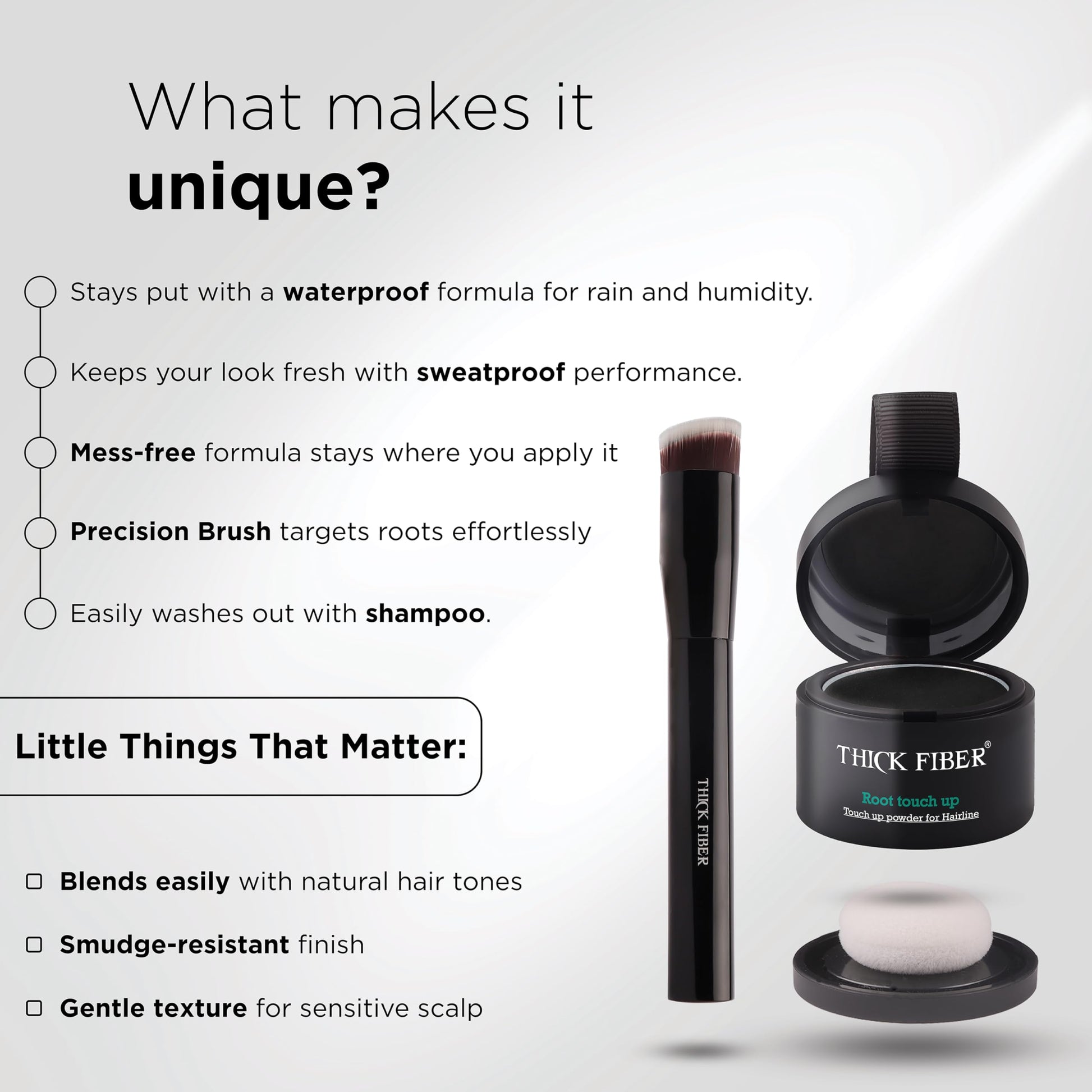 White Smoke THICK FIBER Root Touch Up Powder - Water & Sweat Resistant Hair Loss Concealer Set for Thinning Hair Women, Includes Brush (Black)