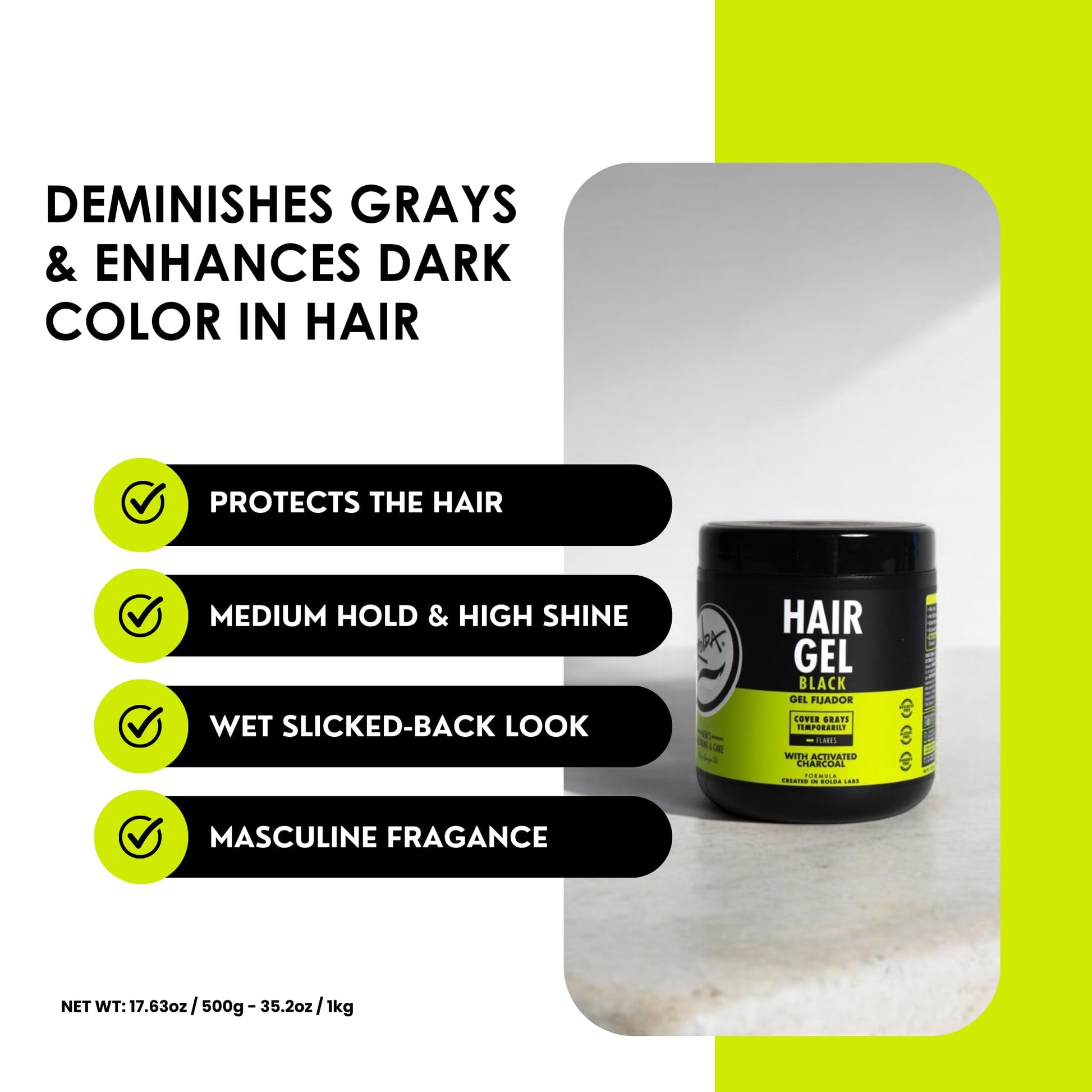 White Smoke Rolda Black Hair Gel for Men - Medium Hold Styling Gel with Activated Charcoal for Wet Look - Covers Grays & Enhances Black Hair - Flake + Alcohol Free (8.81 oz)