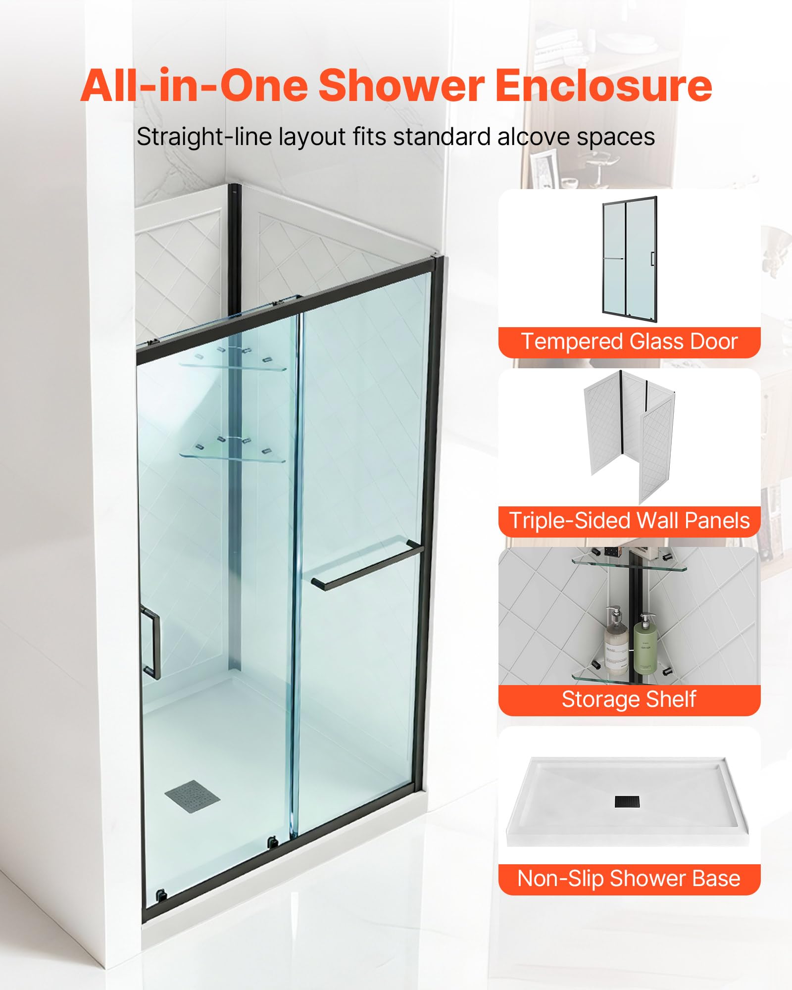 White Smoke VEVOR Shower Enclosure, 36 in. D x 48 in. W x 79.1 in. H, Framed Sliding Shower Door with 1/4 in. Clear Tempered Glass, Complete Bathroom Alcove Stall with Non-Slip Base Kit & Triple-Sided Wall Panels