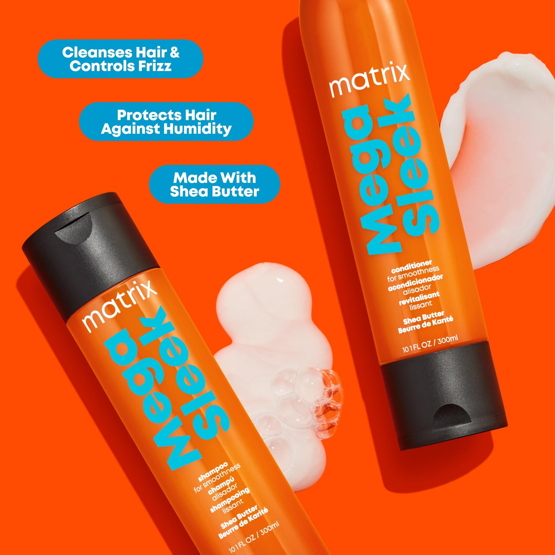 Orange Red Matrix Mega Sleek Shampoo and Conditioner Set | Smoothing, Anti-Frizz, Detangling | For Dry, Damaged & Frizzy Hair | Nourishes with Shea Butter | Vegan
