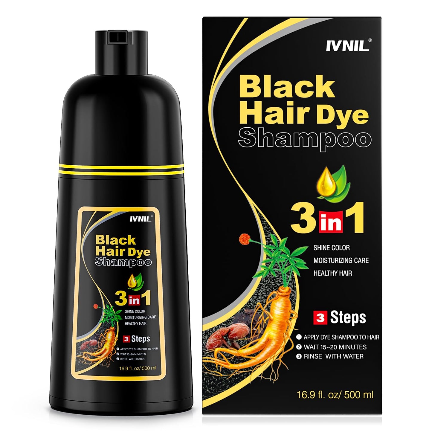 Black Ivnil Black Hair Dye Shampoo 3 in 1 Semi Permanent Hair Color Shampoo for Women & Men for Gray Hair Coverage, Natural Herbal Ingredients shampoo para pintar el cabello