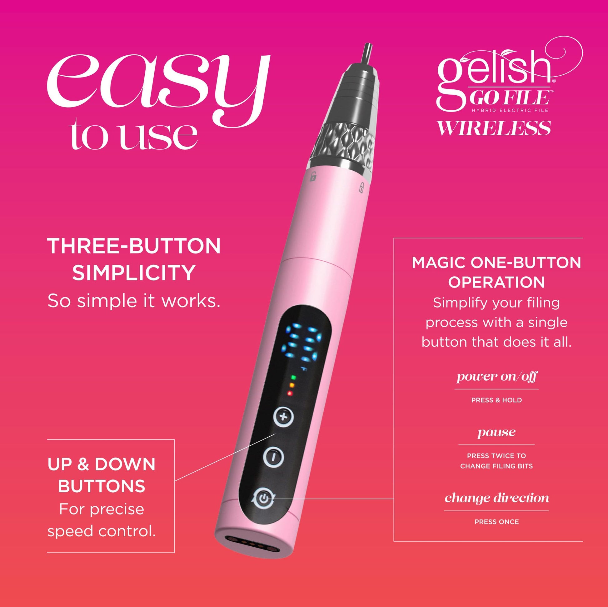 Violet Red Gelish® Go File™ Wireless Hybrid Electric Nail File – 35,000 RPM Professional Cordless E-File with Magnetic Charging Dock, Controller-Free, Quiet, Low Vibration for Mani & Pedi (Aqua Marine)