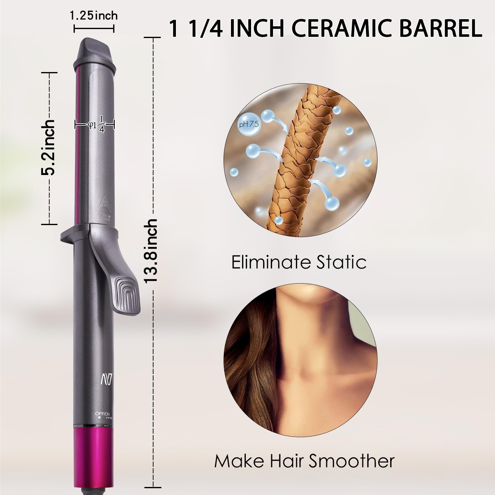 Lavender Nycoba Curling Iron, 1 1/4 Inch Hair Curling Wand with Ceramic Coating, Professional Hair Curler, Fast Heating up to 430°F, Wide Voltage for Worldwide, 60 Mins Auto Off, Magenta