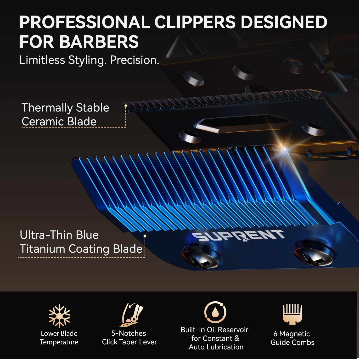 Black SUPRENT StormGray Professional Hair Clippers for Men - Cordless Barber Clippers & Zero-gapped Trimmer Set, Haircutting Kit with High Performance Motor, Blue Titanium-Coated Blades, Charging Stands