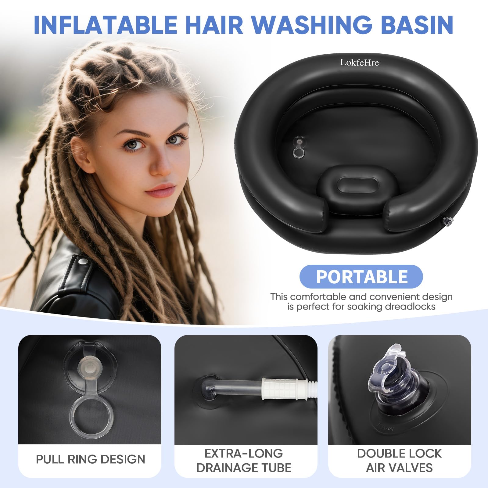 White Smoke Black Inflatable Shampoo Basin, Stain Resistant Ergonomic Neck Support Hair Washing Bowl for Bedridden Elderly Disabled, Portable Leakproof PVC Sink with Drain Hose for Home Care Locs Detox