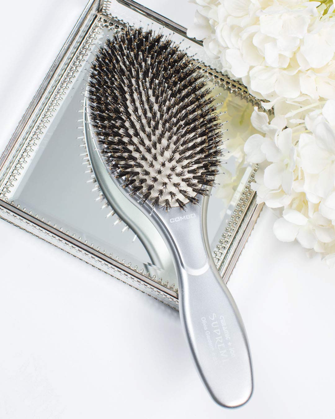 White Smoke Olivia Garden Ceramic + Ion Supreme Paddle Hair Brush for Men and Women - Professional Boar Bristle Hair Brush for All Hair Lengths - Frizz-Free Results