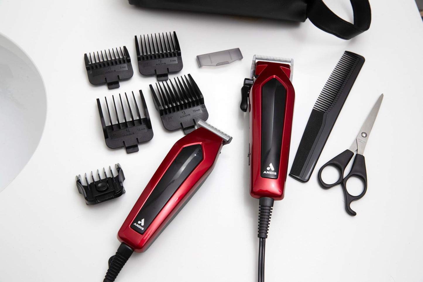 Lavender Andis 562940 Ultra Clip Corded Clipper & Trimmer 15-PieceHair Cutting Combo Kit, Stainless Steel Blades, Power Pivot Motor, Whisper Quiet, Hanger Loop, Red