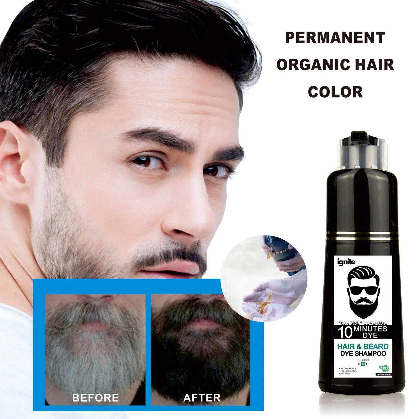 White Smoke Men’s Hair & Beard Dye color Shampoo –100% Grey Hair Coverage – Black Color Dye - Natural Color 3 in 1 Hair Beard mustache Color